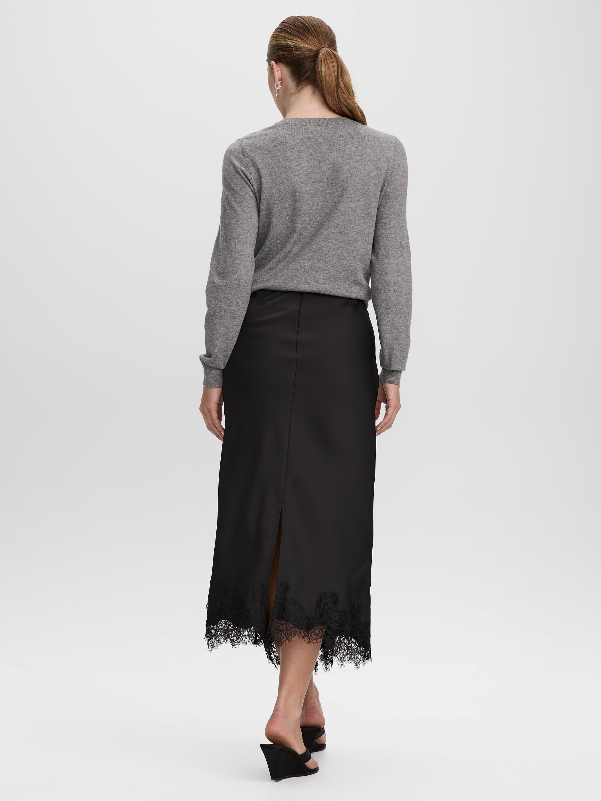 Satin Midi Skirt with Lace Trim