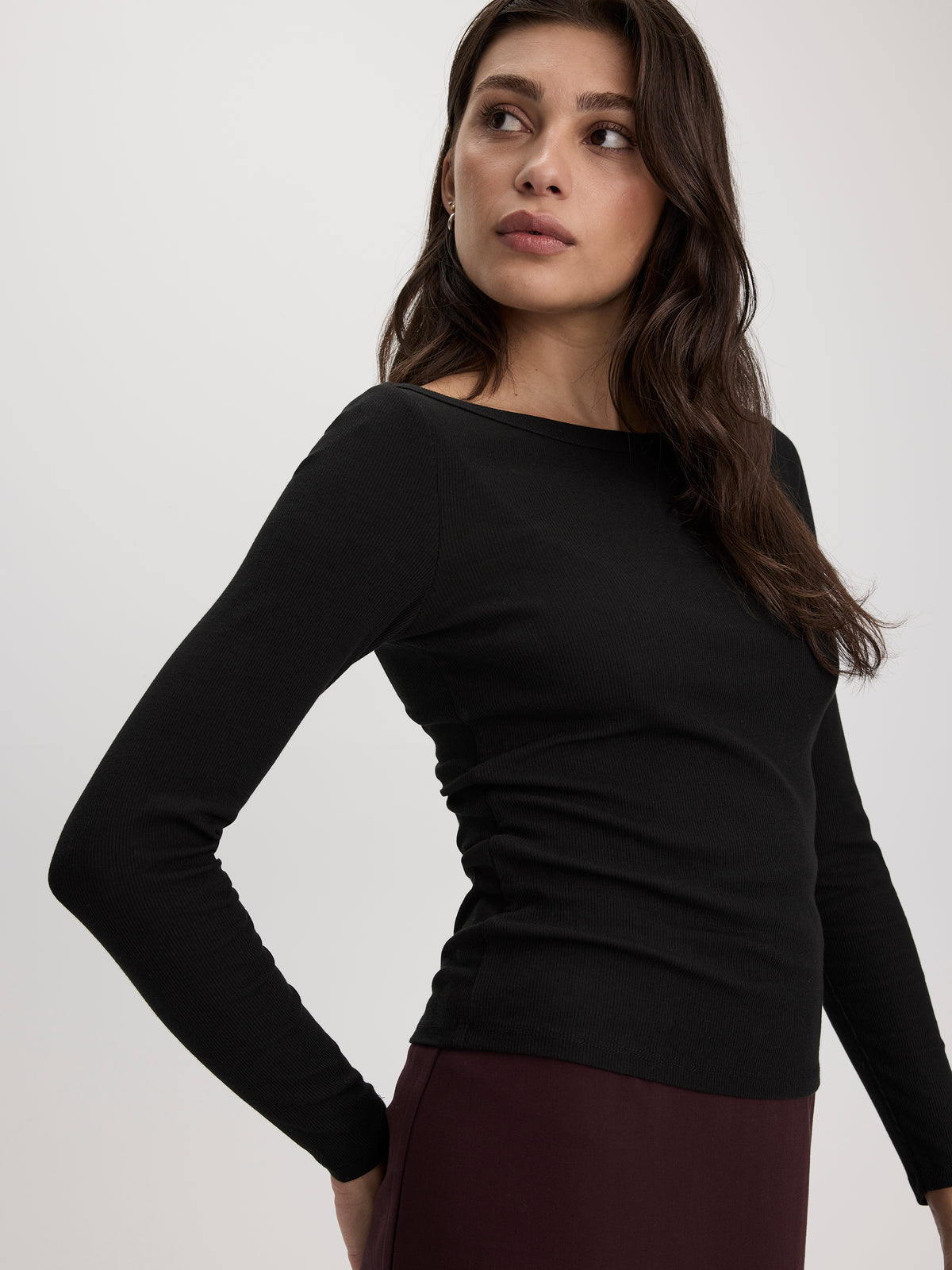 Long-Sleeve Boat-Neck Ribbed Top