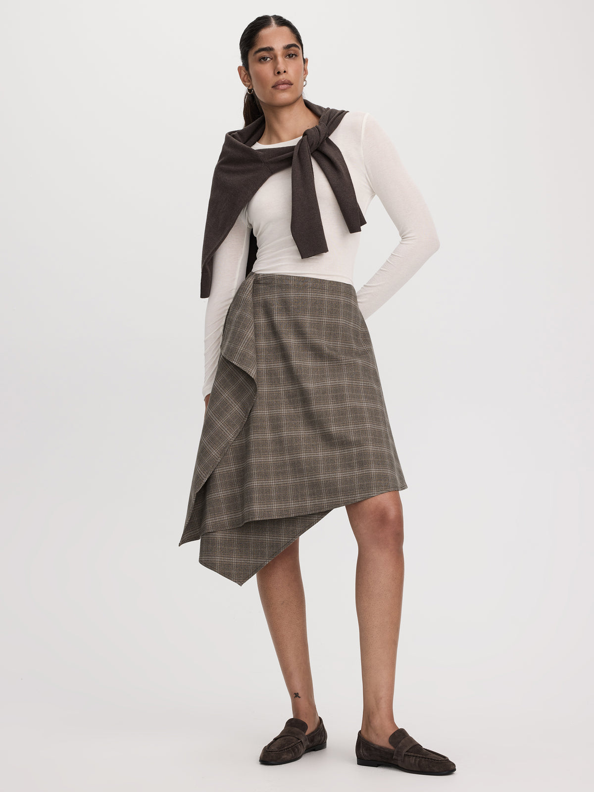 Plaid Midi Skirt with Asymmetrical Hem