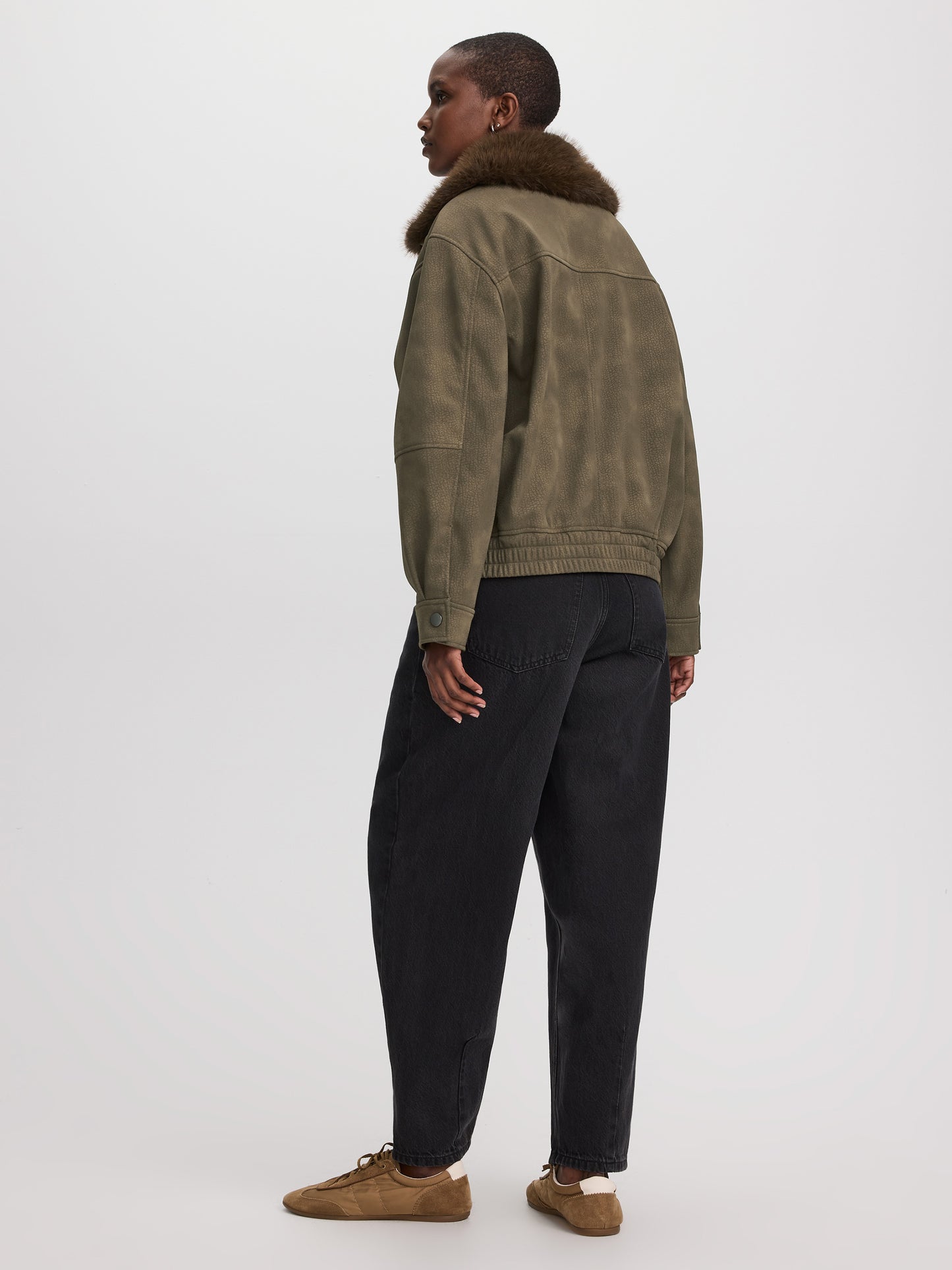 Faux Suede Bomber Jacket with Faux Leather Collar