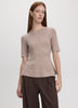 Elbow-Sleeve Crew-Neck Sweater with Half-Cardigan Stitches