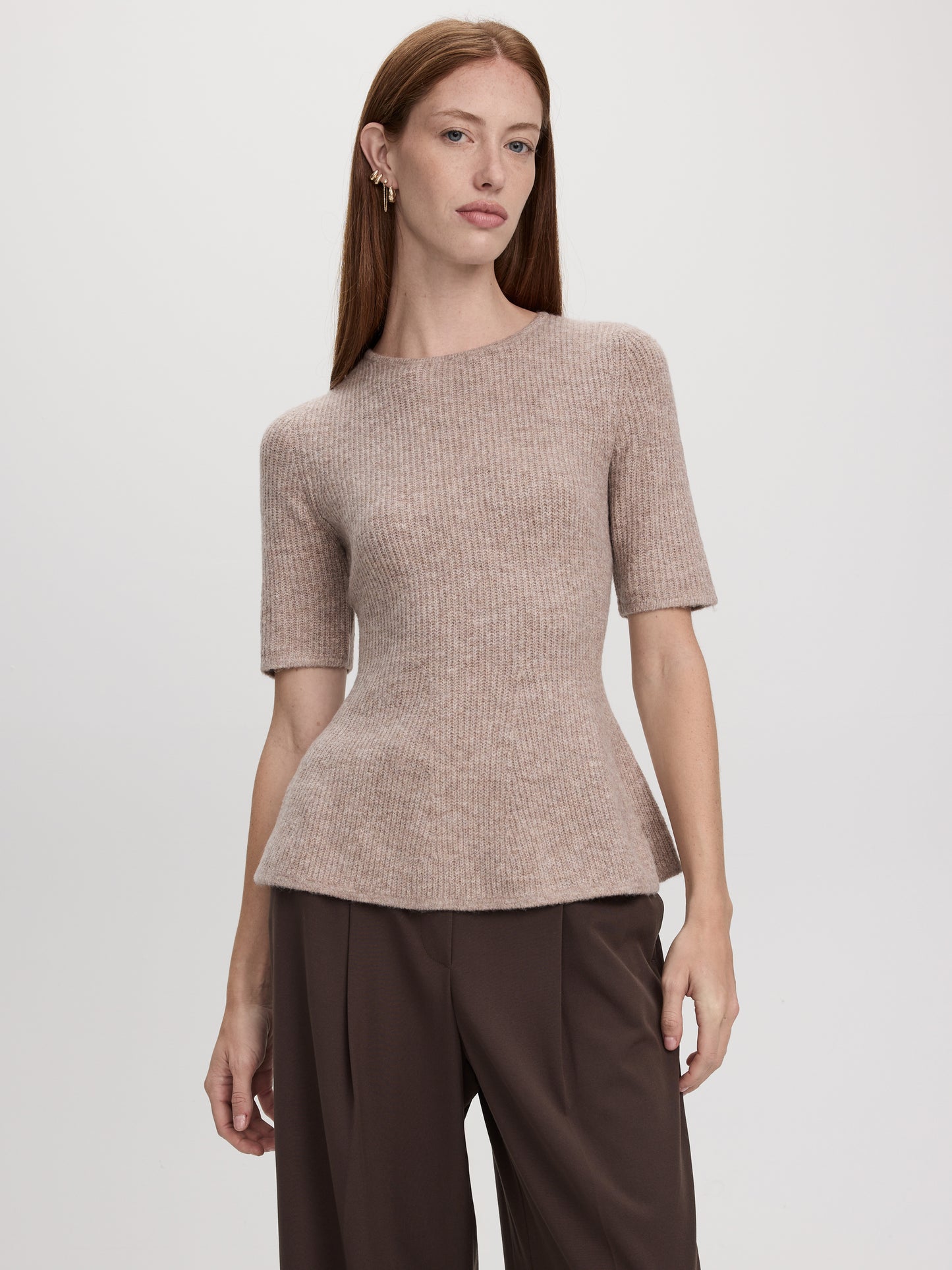 Elbow-Sleeve Crew-Neck Sweater with Half-Cardigan Stitches