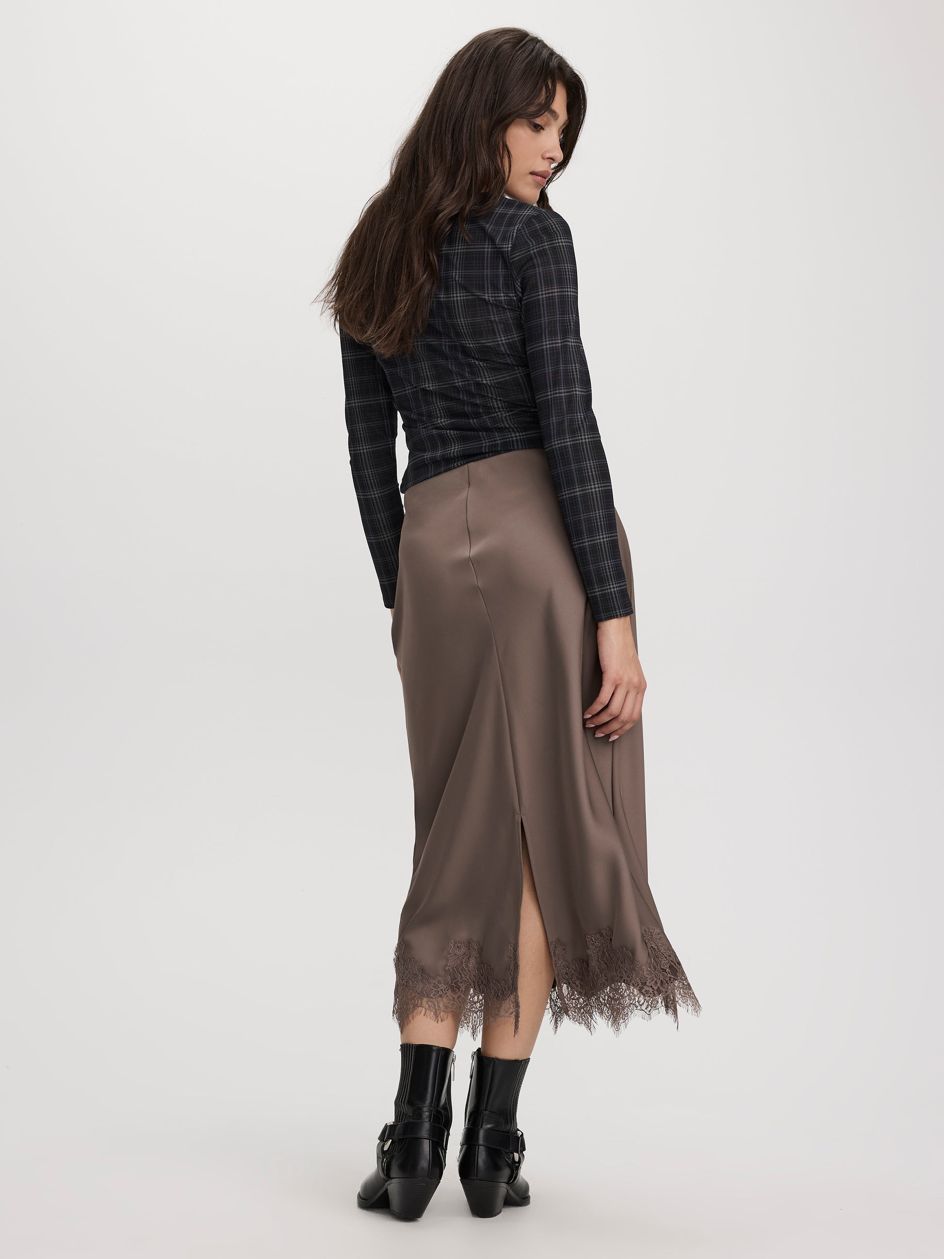 Satin Midi Skirt with Lace Trim