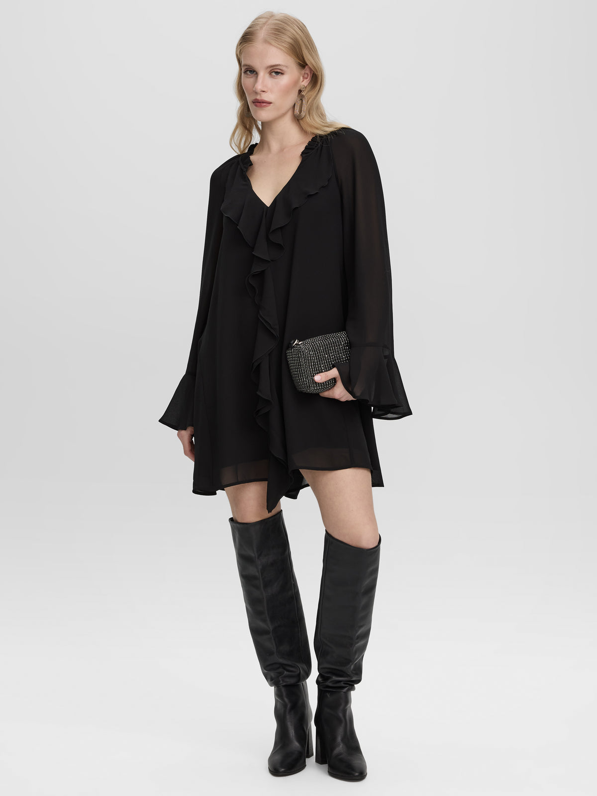 Long-Sleeve V-Neck Mini Dress with Ruffles