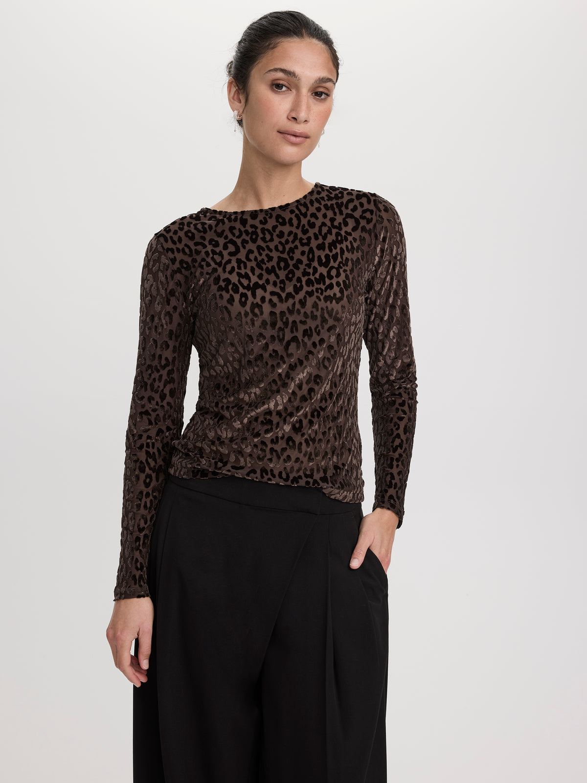 Long-Sleeve Crew-Neck Velvet Top with Burnout Pattern