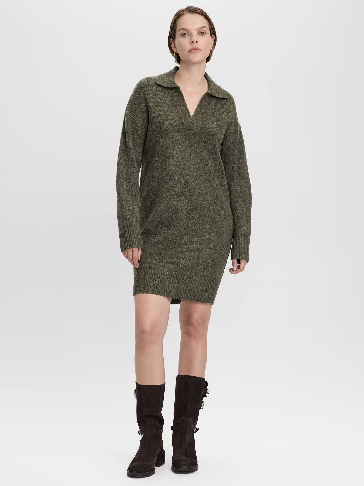 PlushSoft Long-Sleeve Mini Dress with Johnny Collar