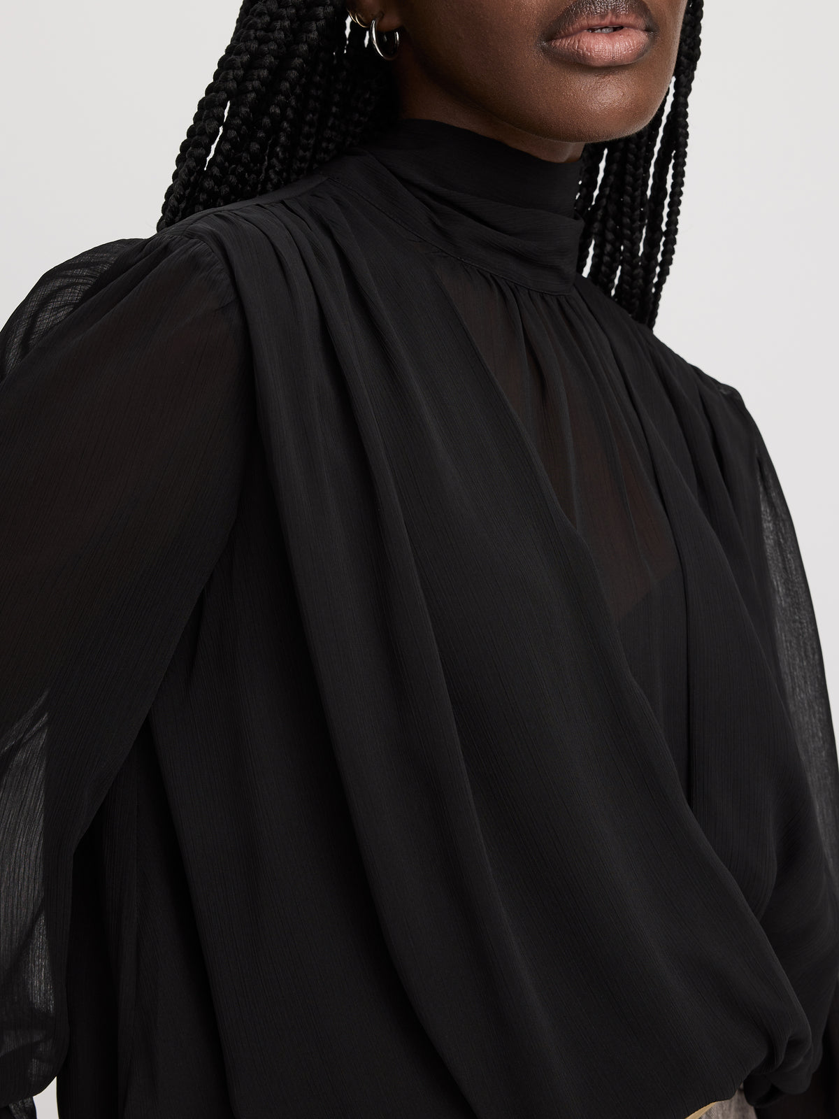 Long-Sleeve Wrap Blouse with Mock Neckline