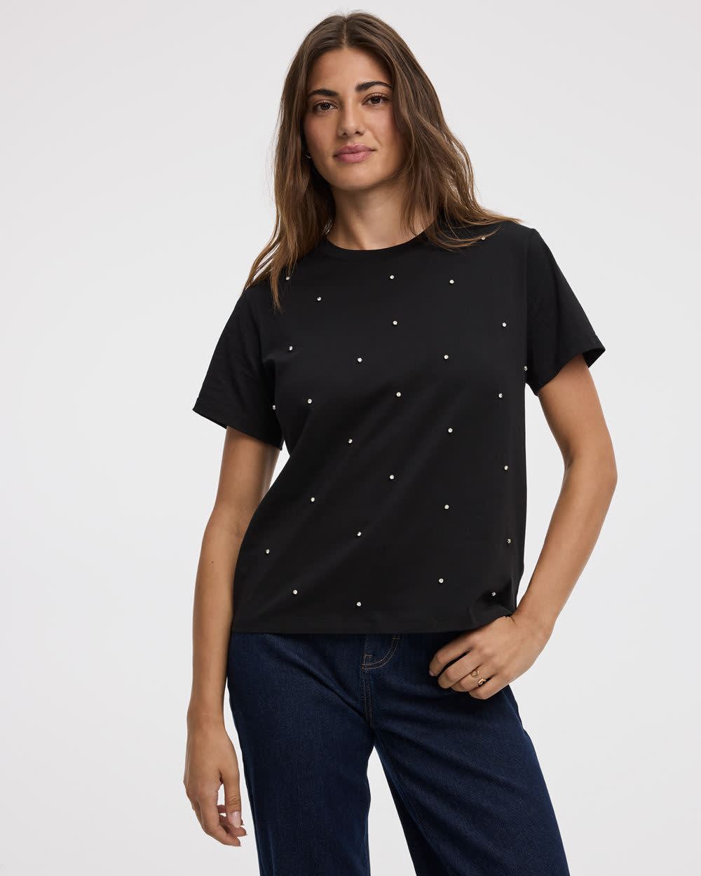 Short-Sleeve Crew-Neck Tee with Rhinestones