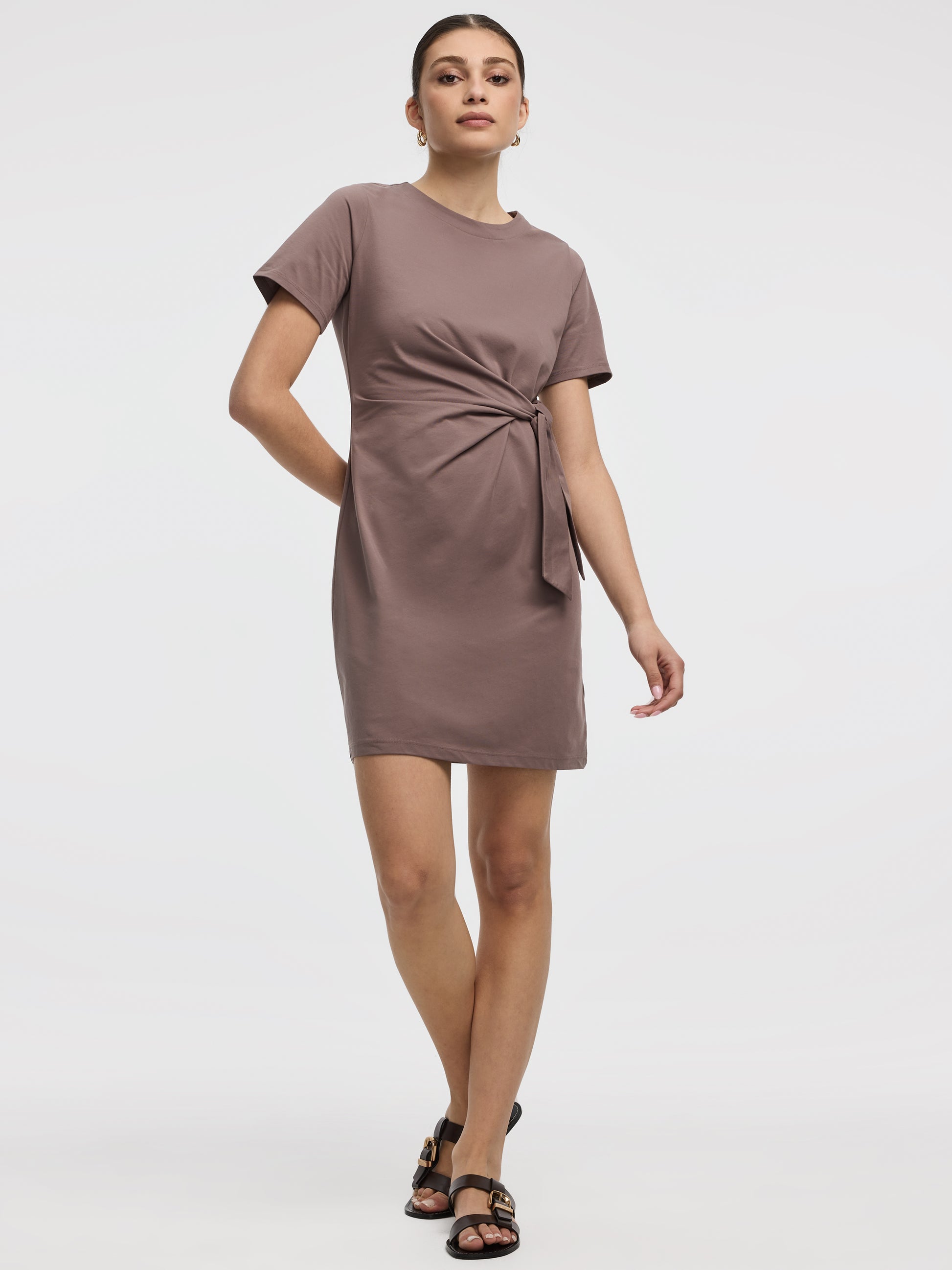 Short-Sleeve Fitted Dress with Knot Detail