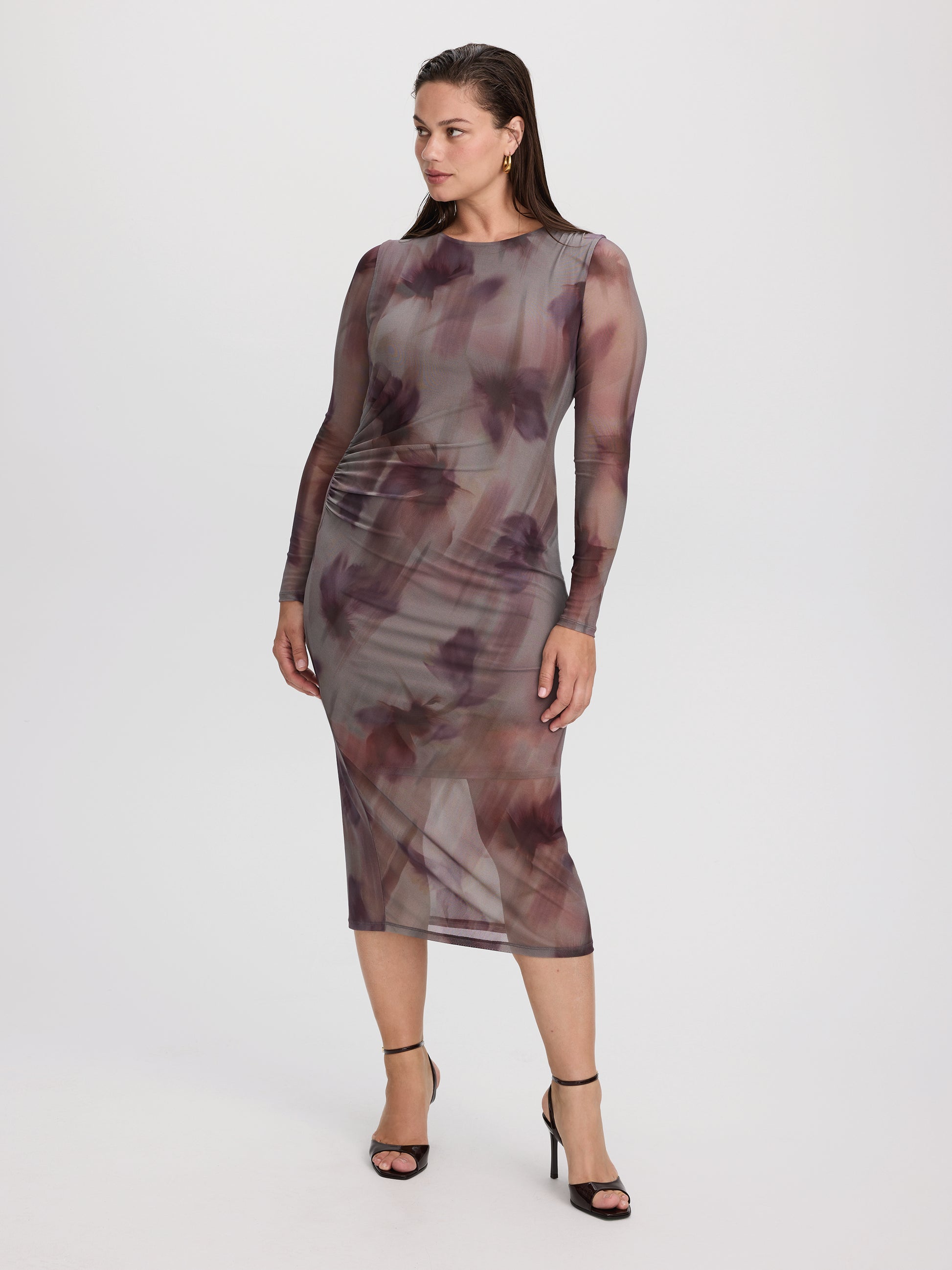 Long-Sleeve Mesh Midi Dress with Side Shirrings