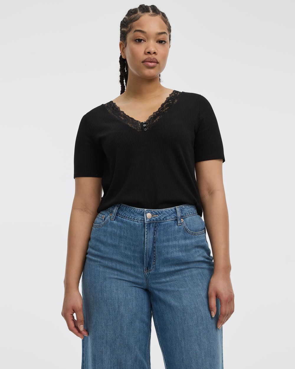 Short-Sleeve V-Neck Tee with Lace Trim