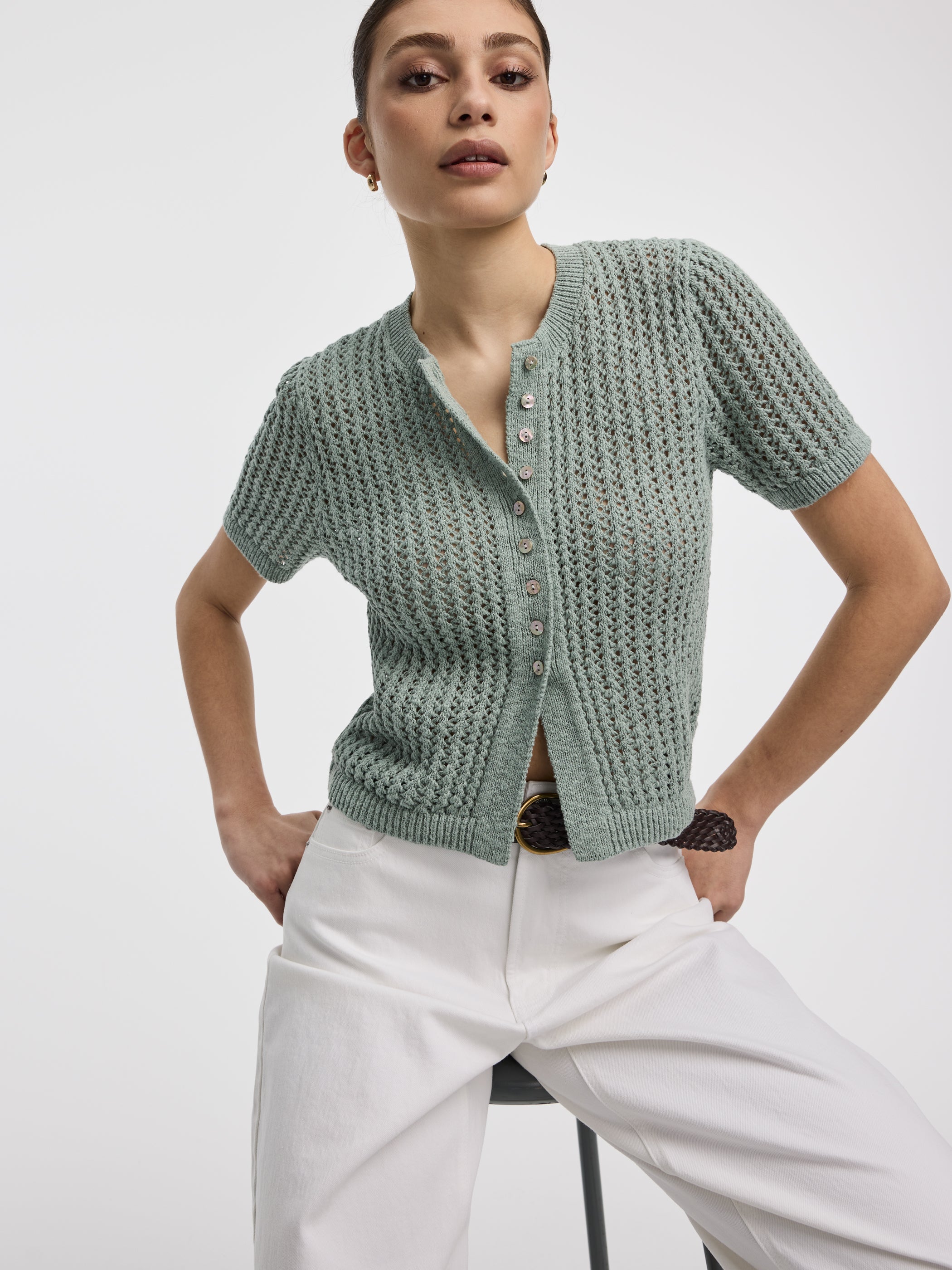 Short-Sleeve Crew-Neck Cardigan with Pointelle Stitches