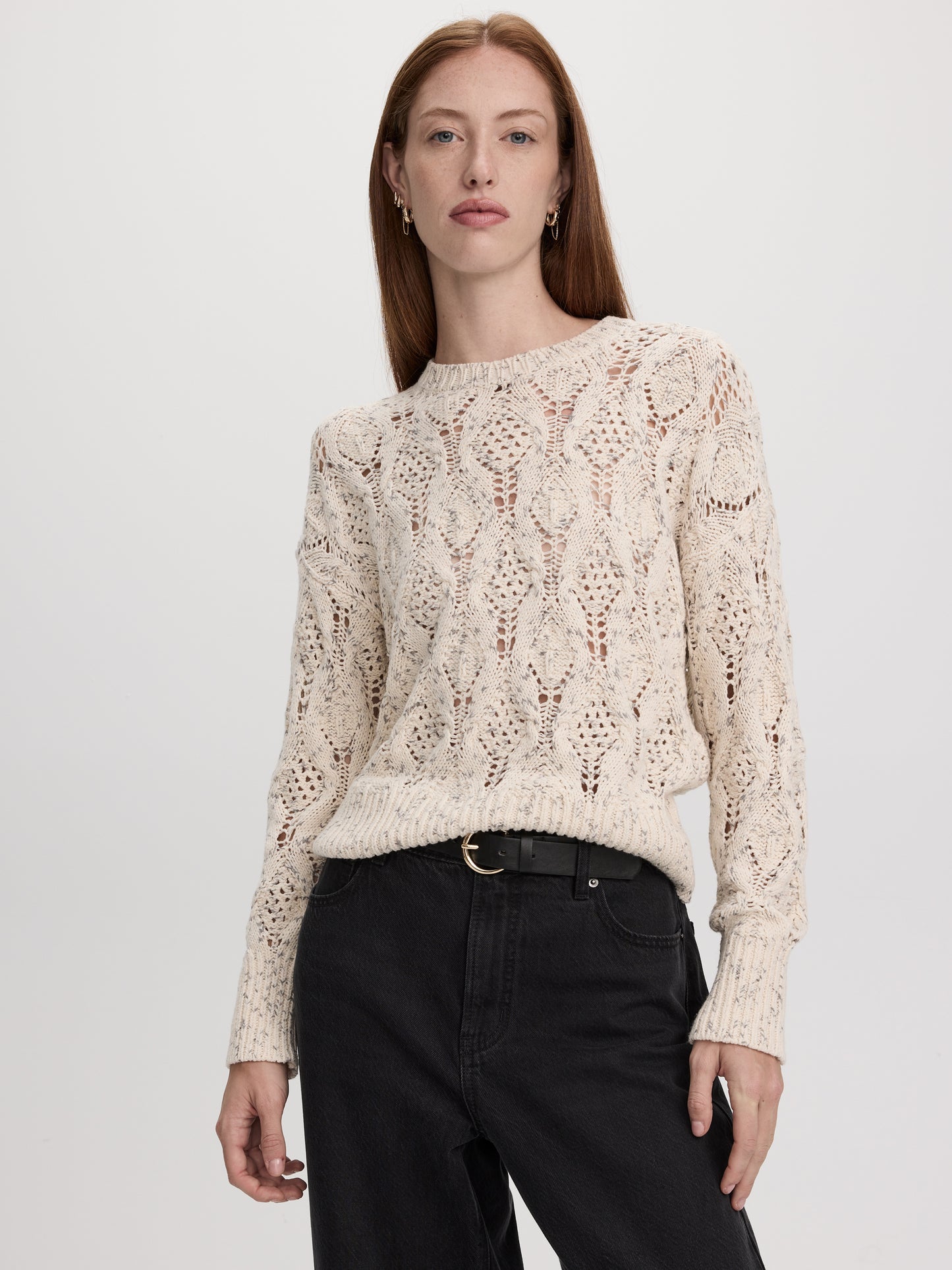 Long-Sleeve Crew-Neck Sweater with Open Stitches