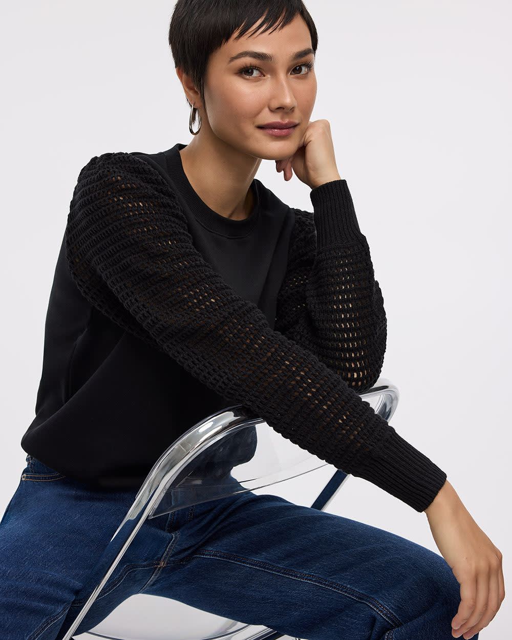 Long-Puffy-Sleeve Crew-Neck Mix-Media Sweatshirt