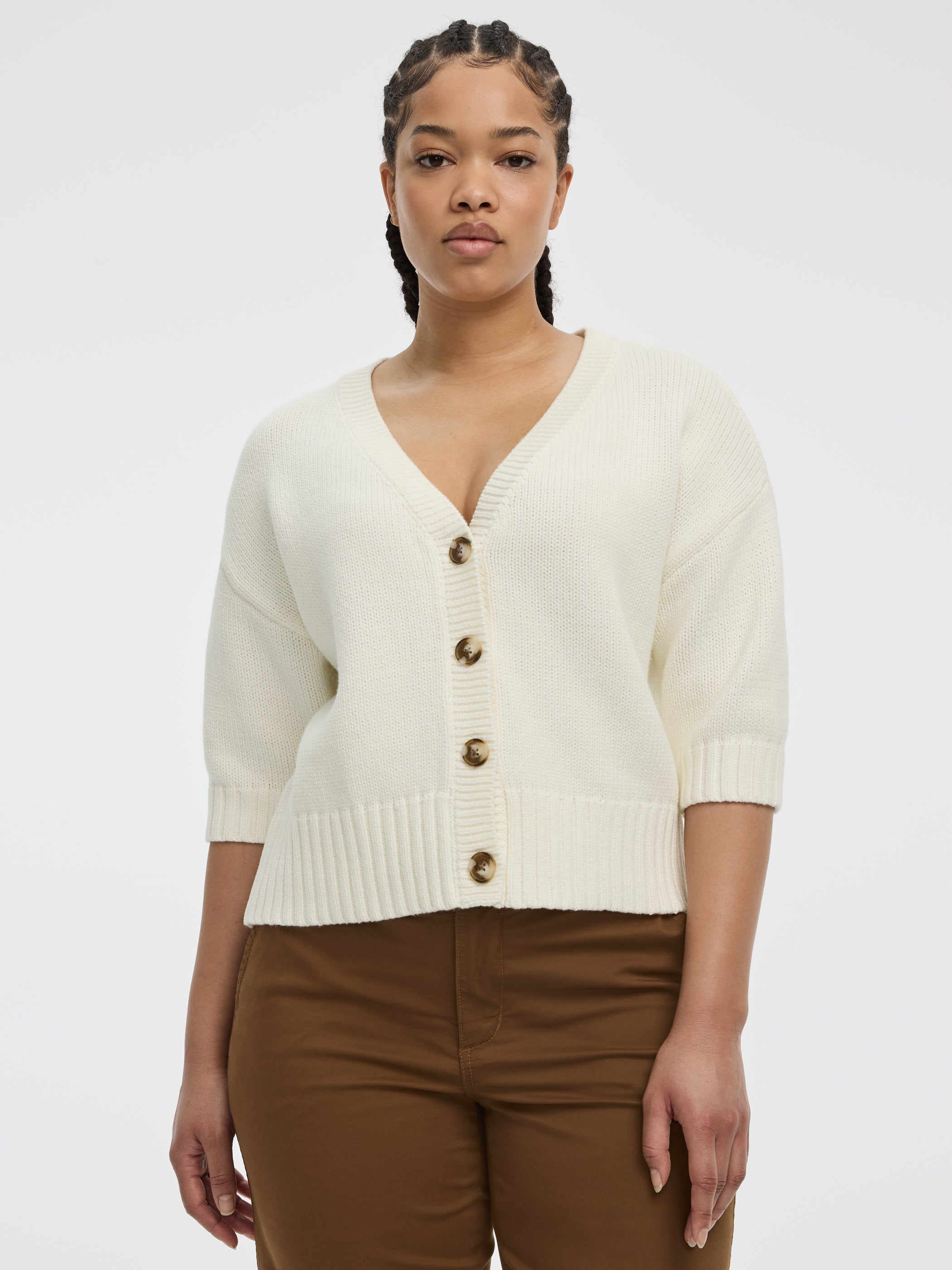 Loose Elbow-Sleeve V-Neck Cardigan