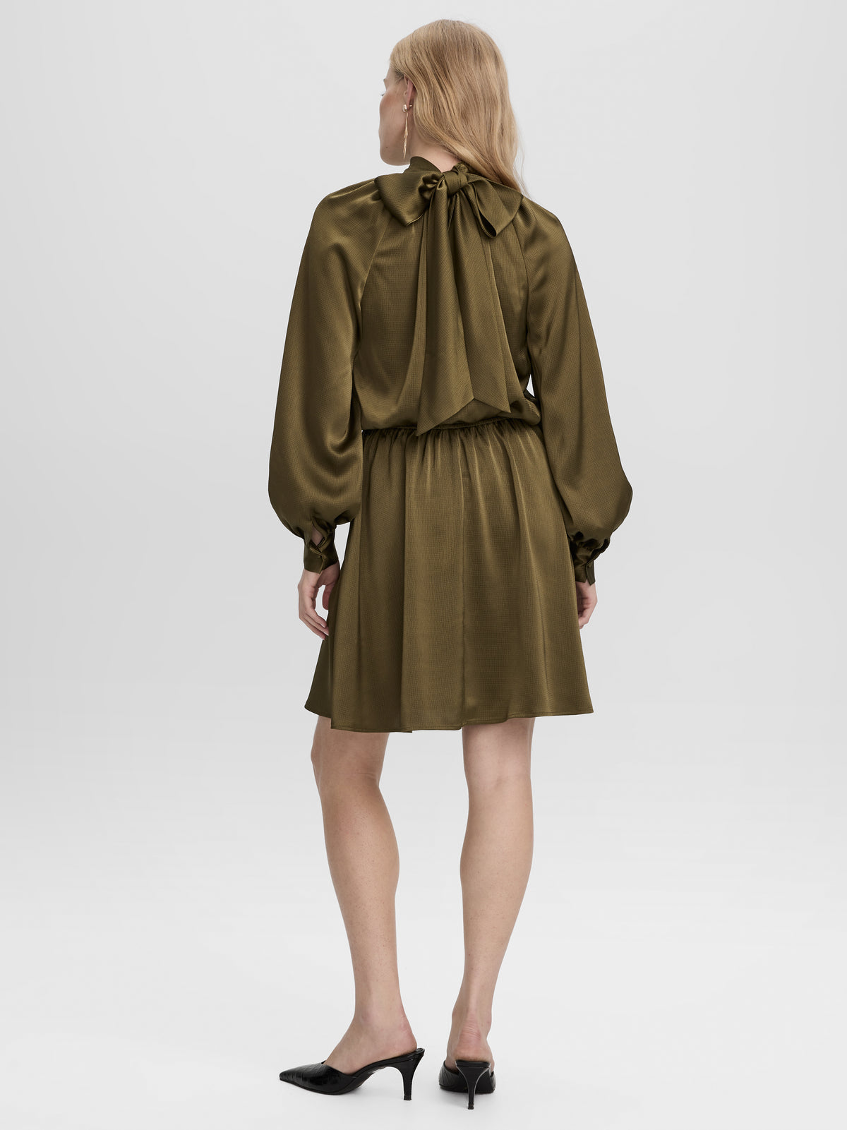 Satin Mock-Neck Mini Dress with Self-Tie Bow