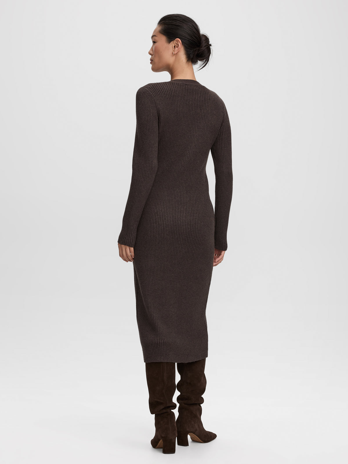 Long-Sleeve V-Neck Buttoned-Down Midi Dress