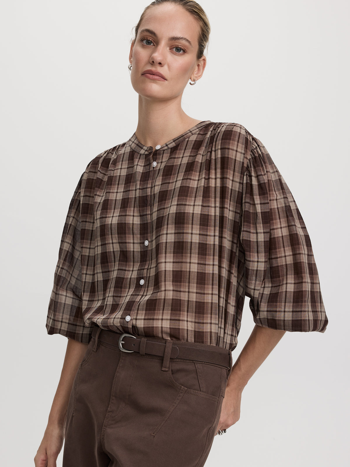 Crew-Neck 3/4-Puffy-Sleeve Blouse