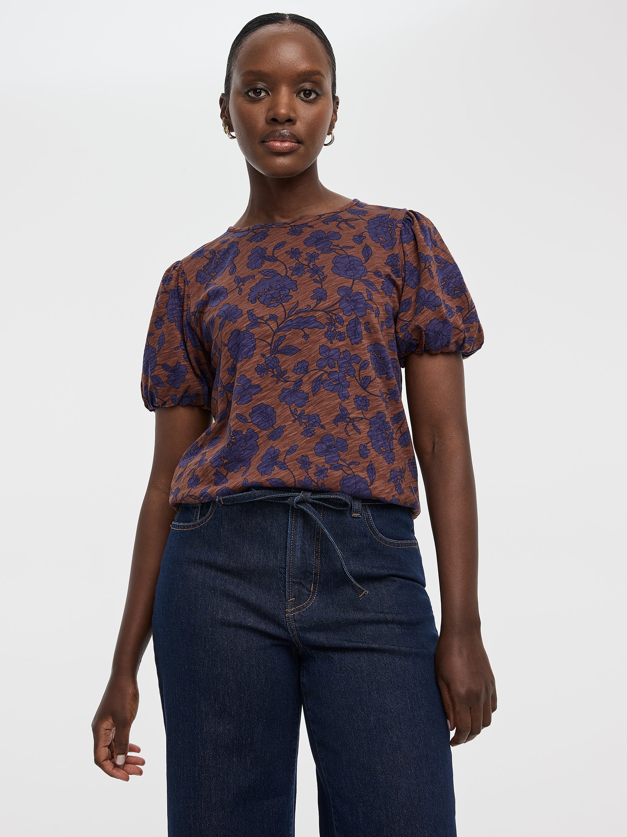 Short-Balloon-Sleeve Crew-Neck Top