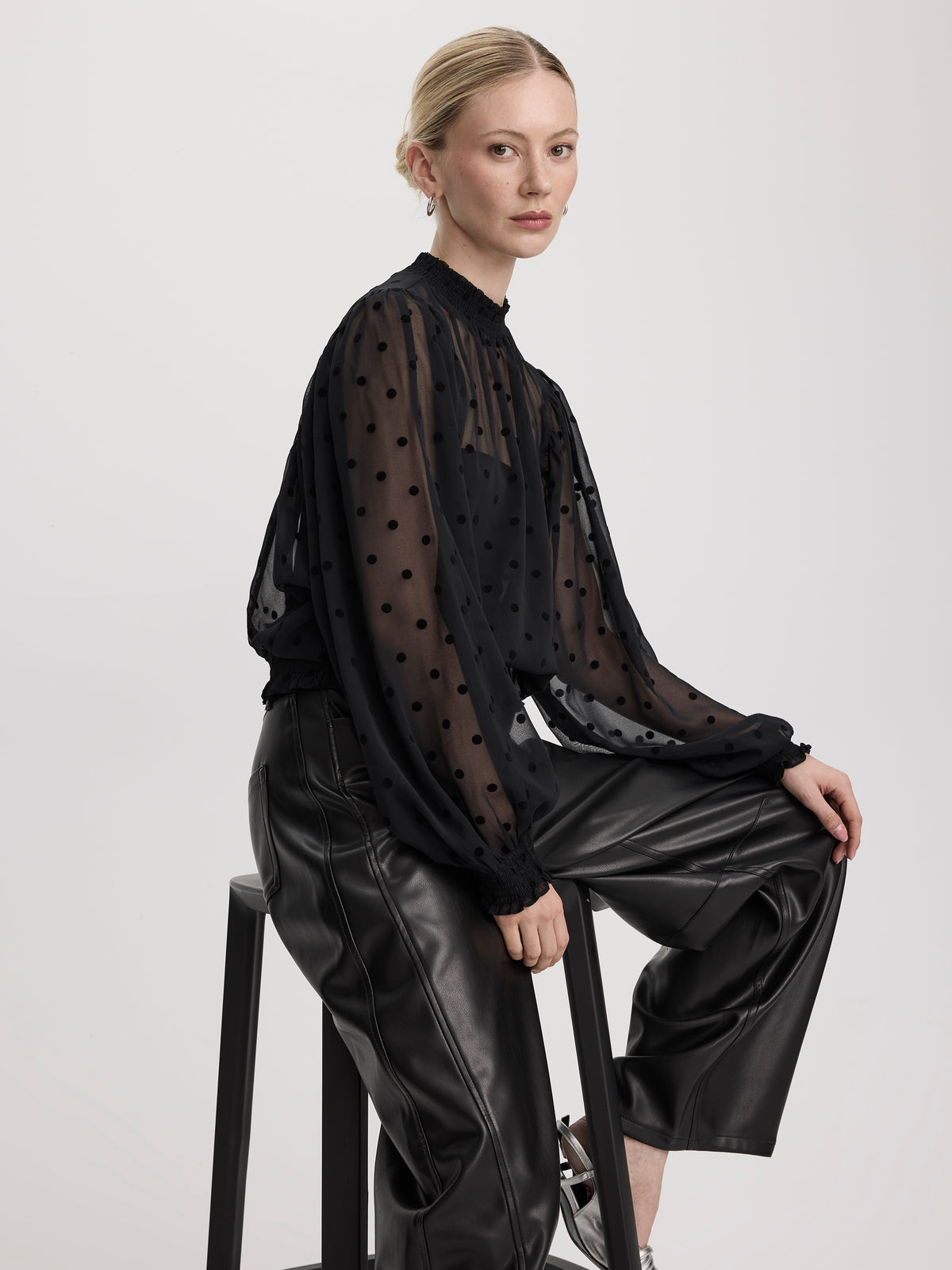 Sheer Long-Sleeve Mock-Neck Blouse with Dots