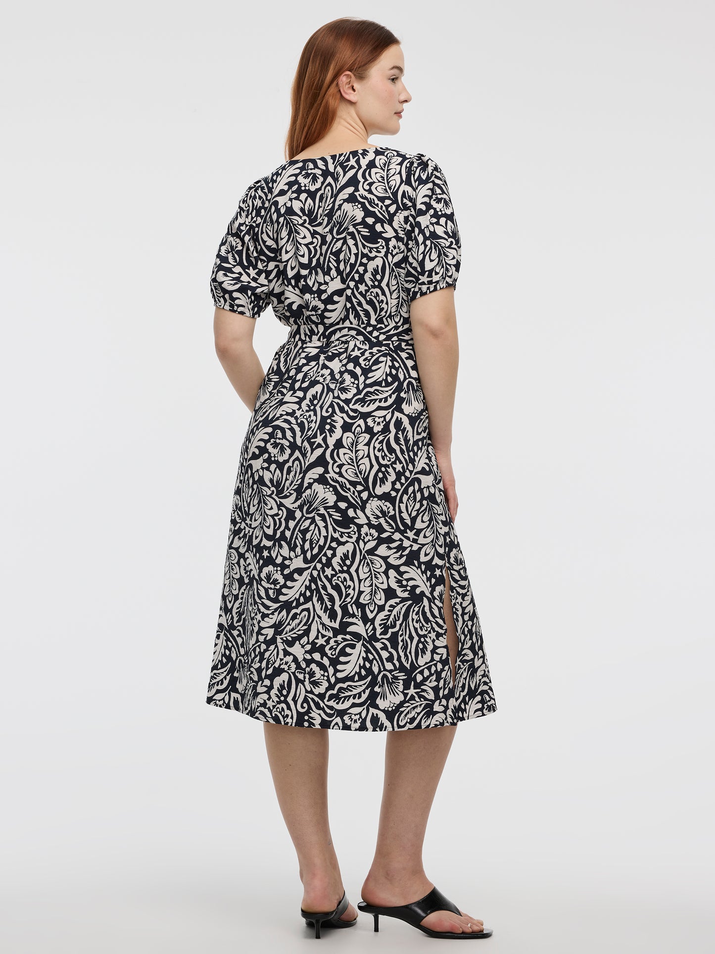 Short-Puffy-Sleeve V-Neck Midi Dress