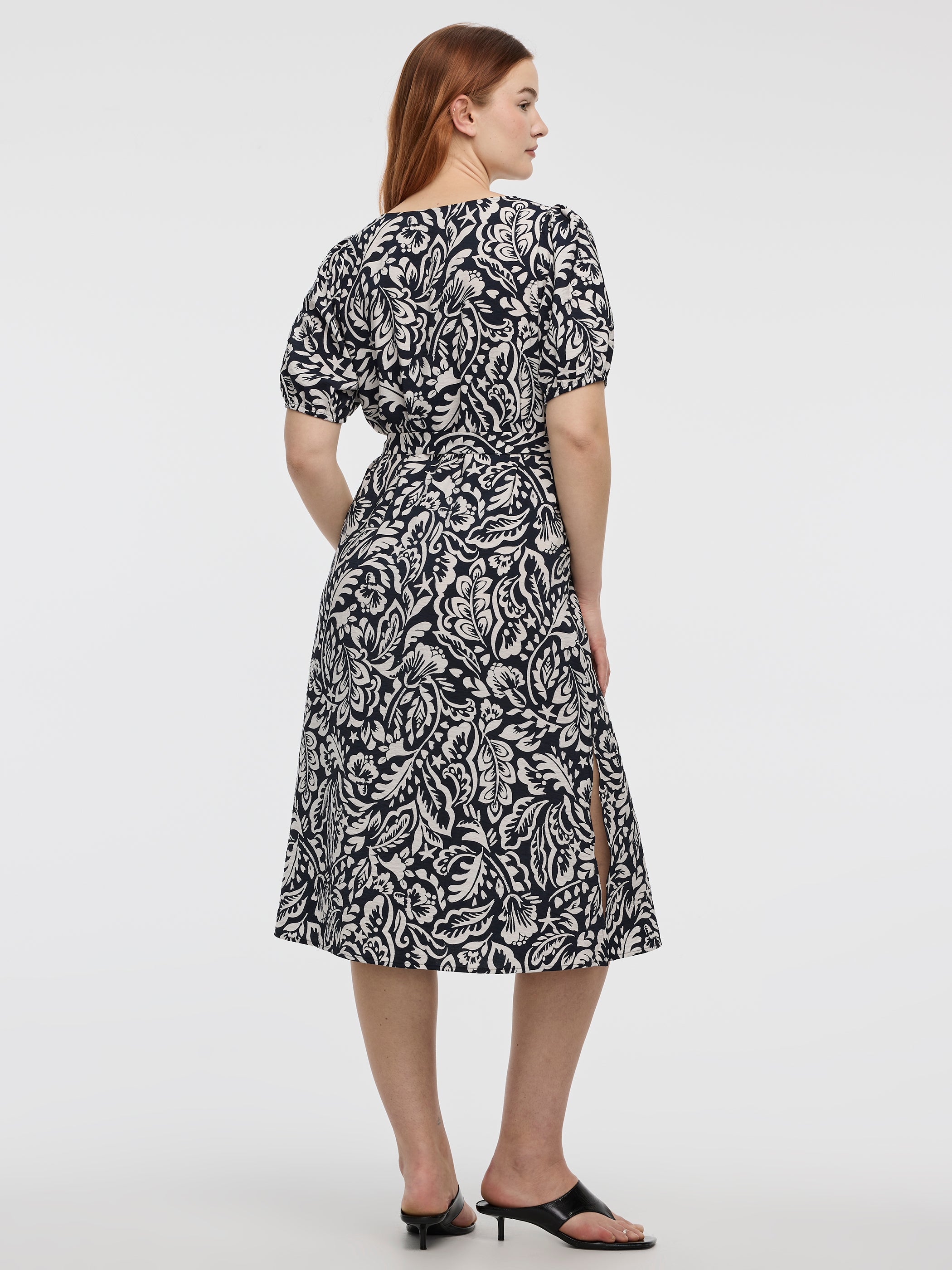 Short-Puffy-Sleeve V-Neck Midi Dress