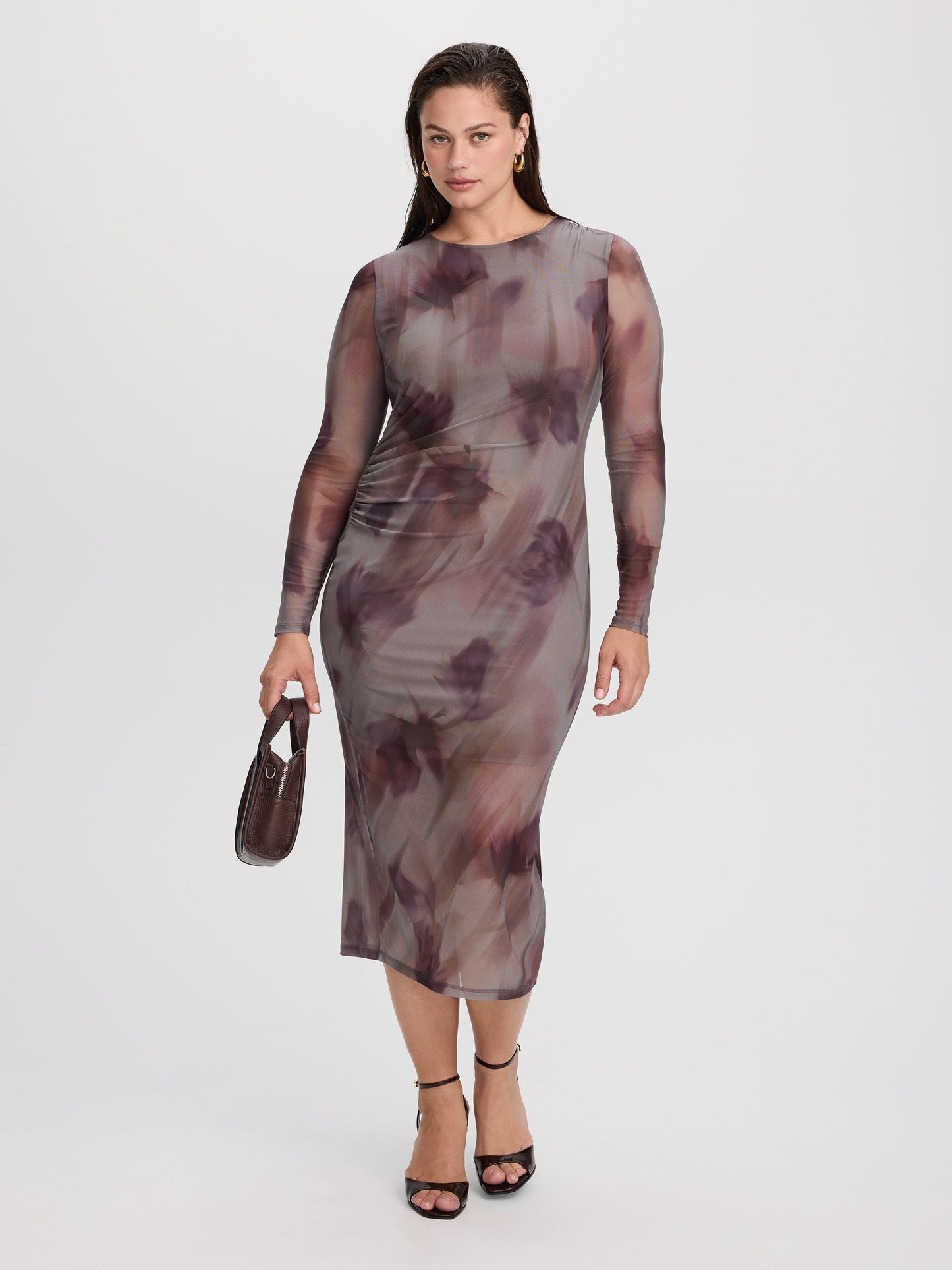 Long-Sleeve Mesh Midi Dress with Side Shirrings