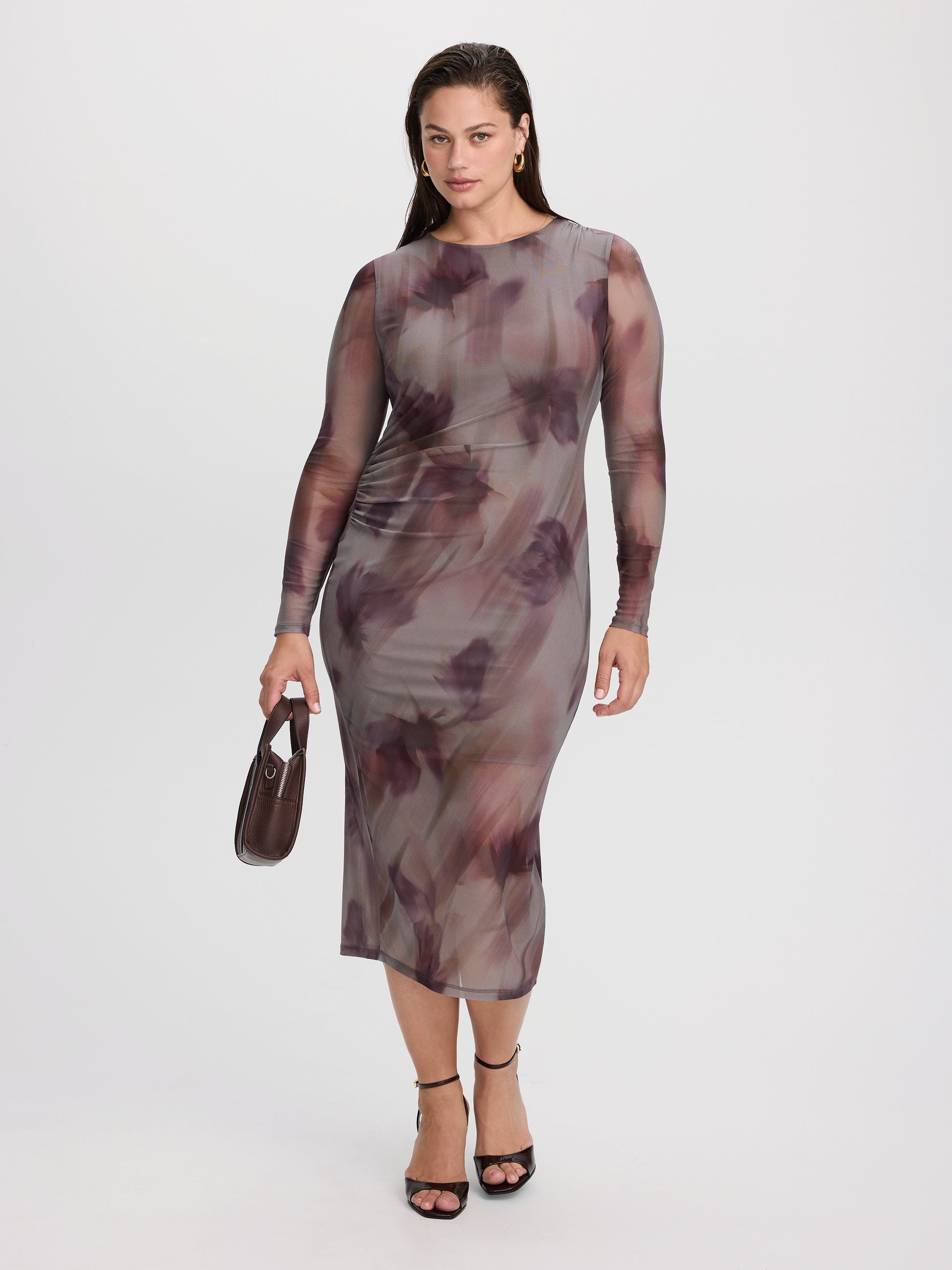 Long-Sleeve Mesh Midi Dress with Side Shirrings