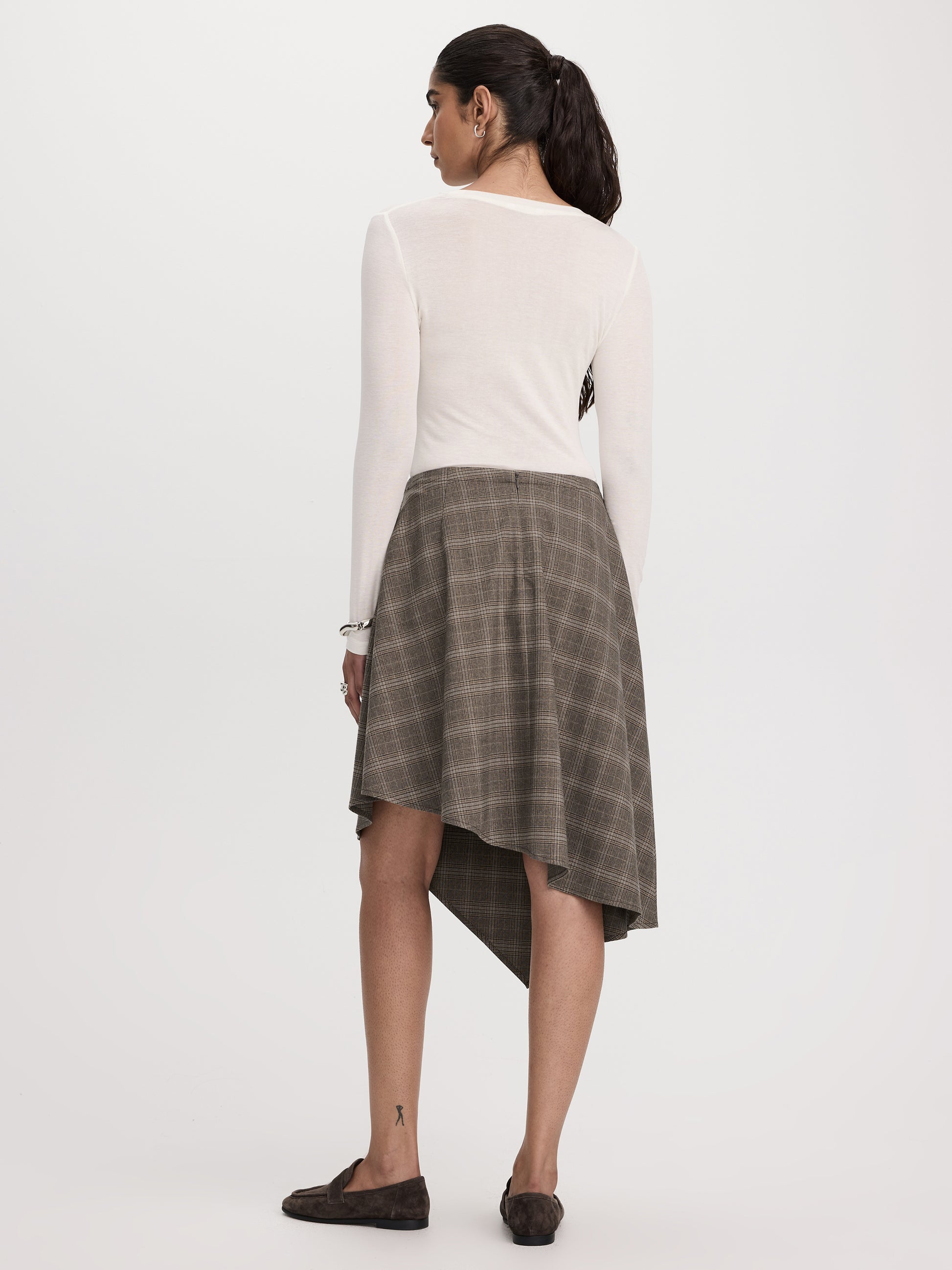 Plaid Midi Skirt with Asymmetrical Hem