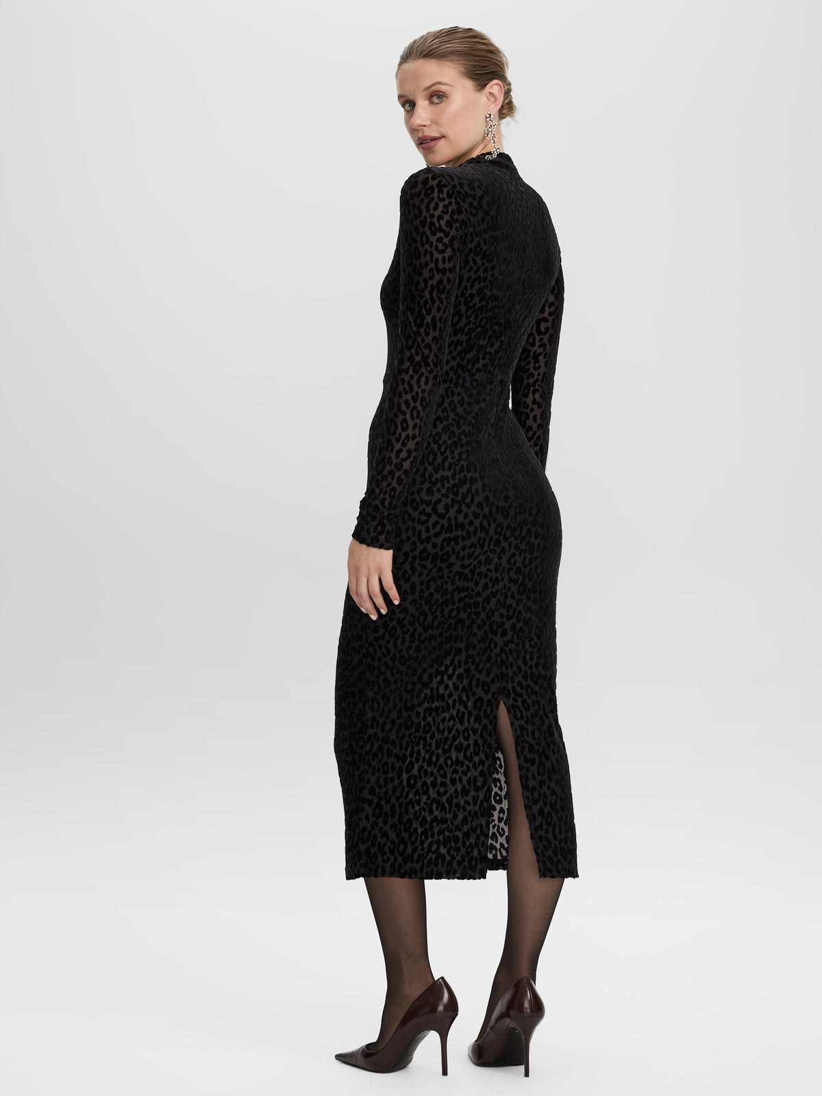 Long-Sleeve Bodycon Midi Dress with Burnout Pattern