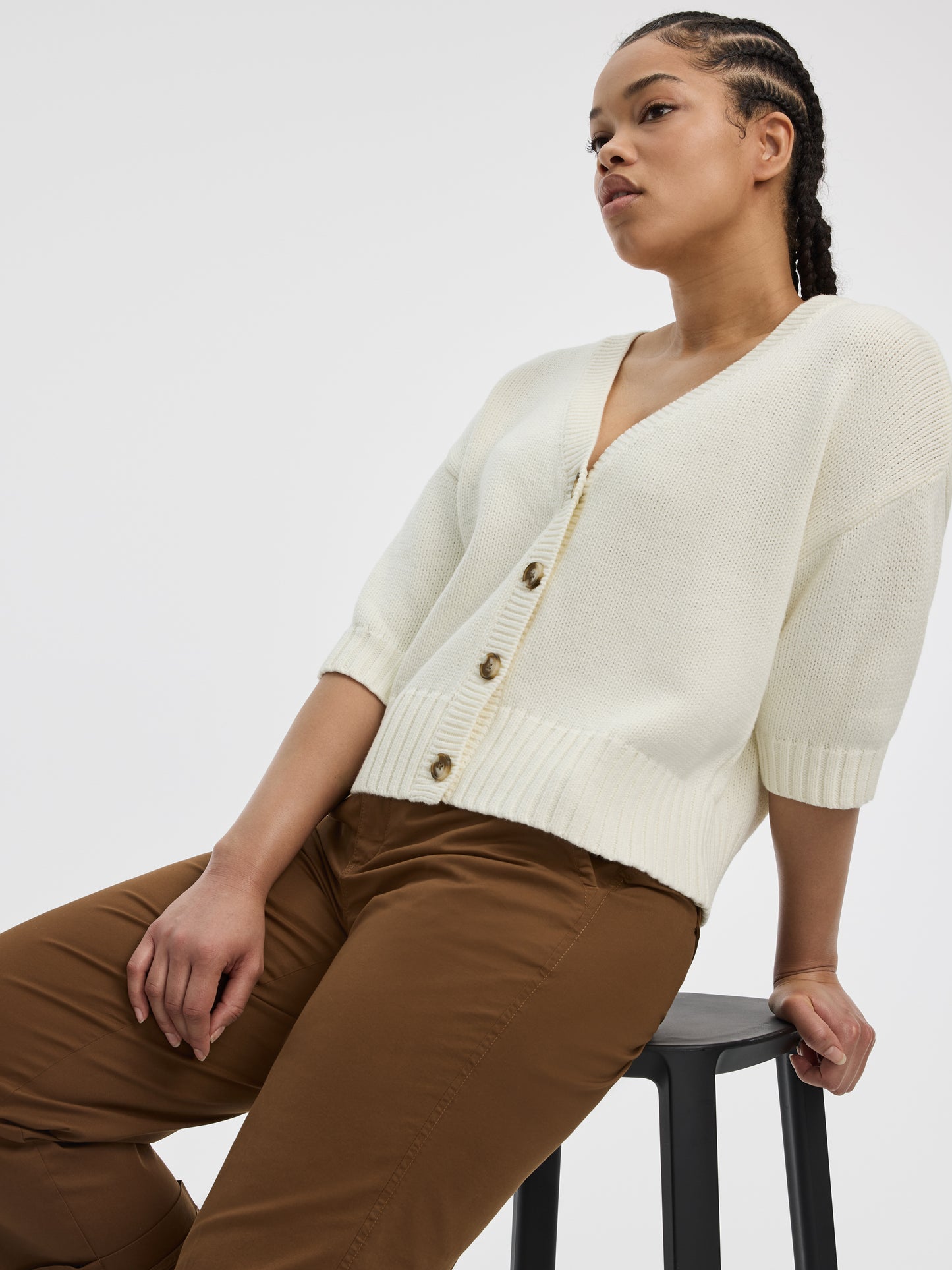 Loose Elbow-Sleeve V-Neck Cardigan