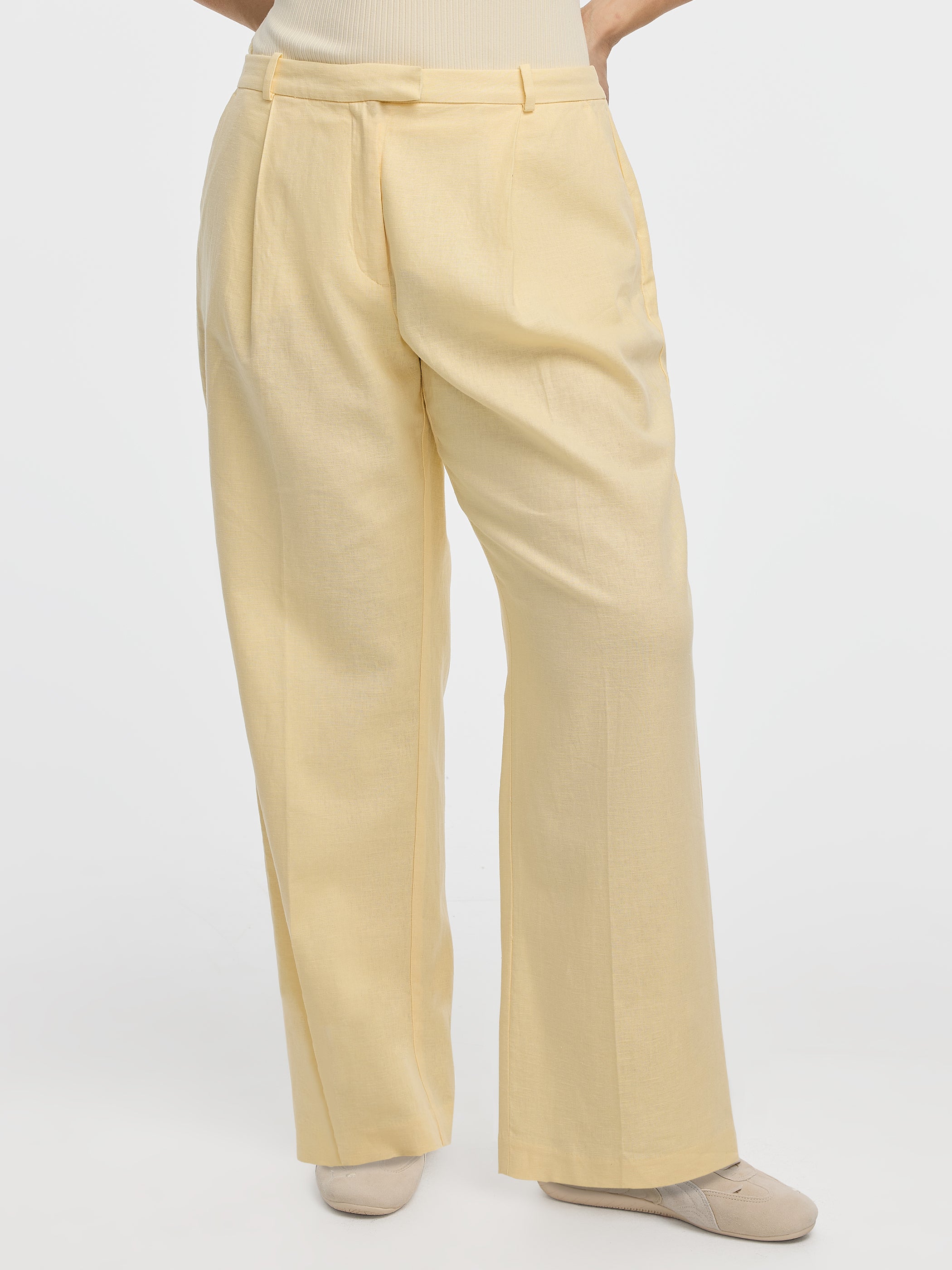 Pantalon en mélange de lin à jambe droite et taille haute - Coupe Courbes