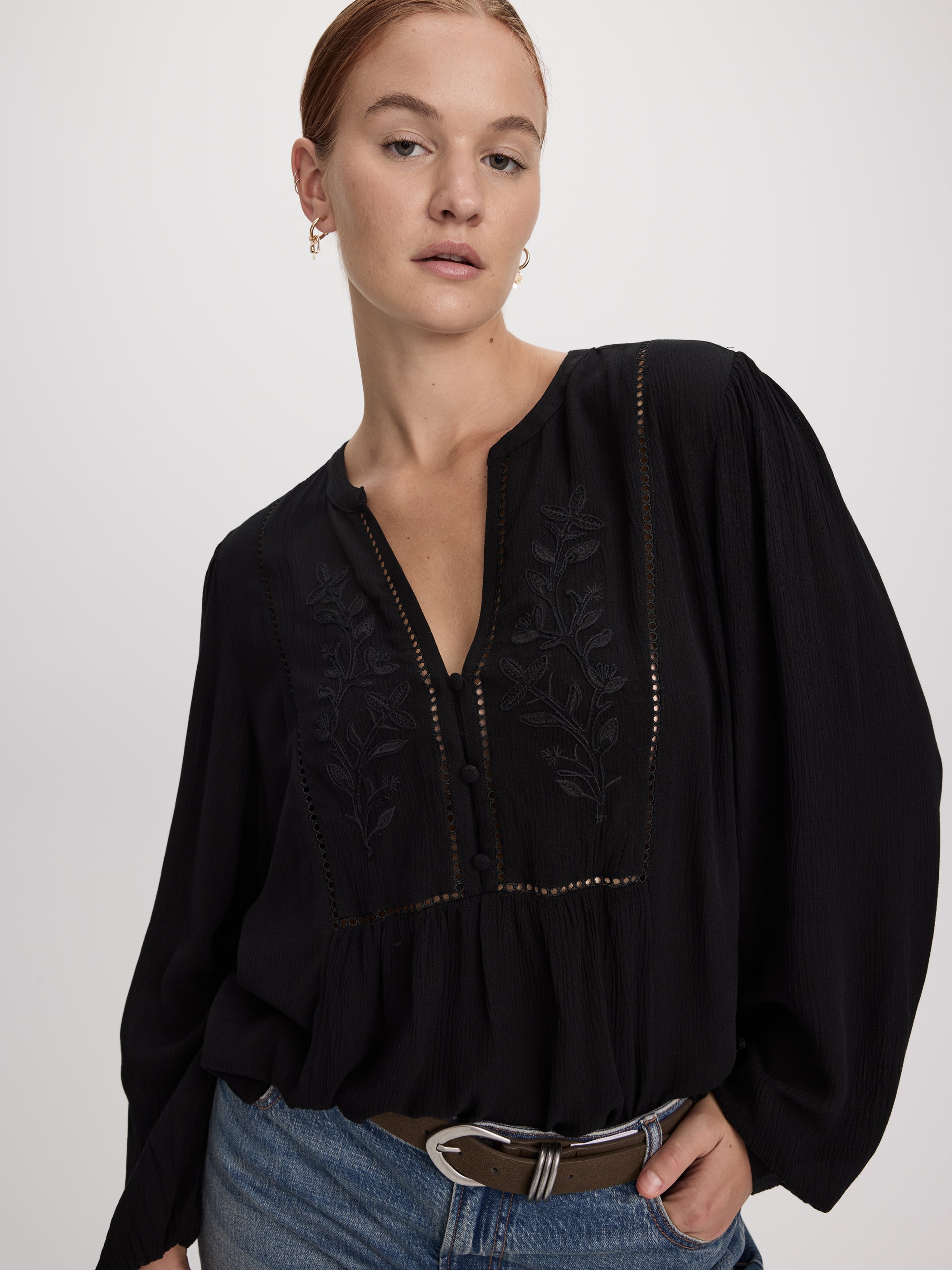 Long-Sleeve Split-Neck Blouse with Embroideries