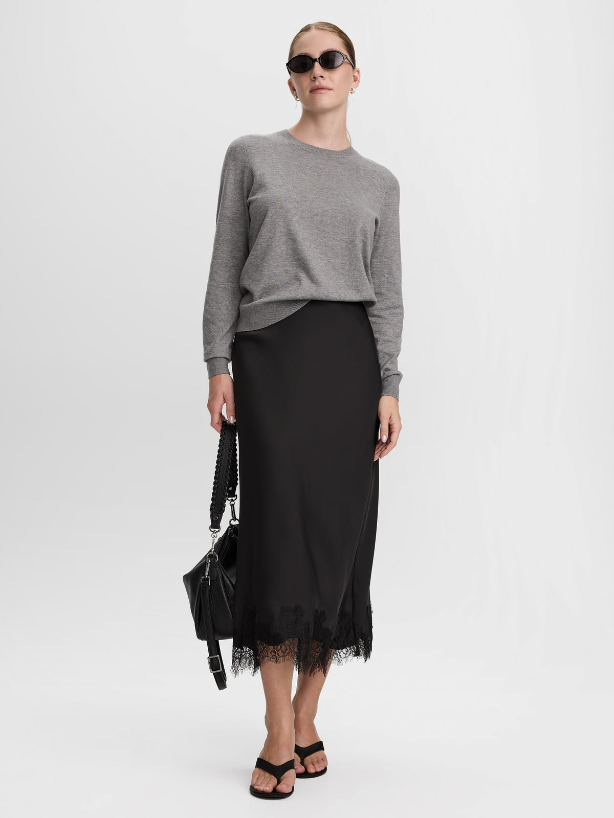 Satin Midi Skirt with Lace Trim