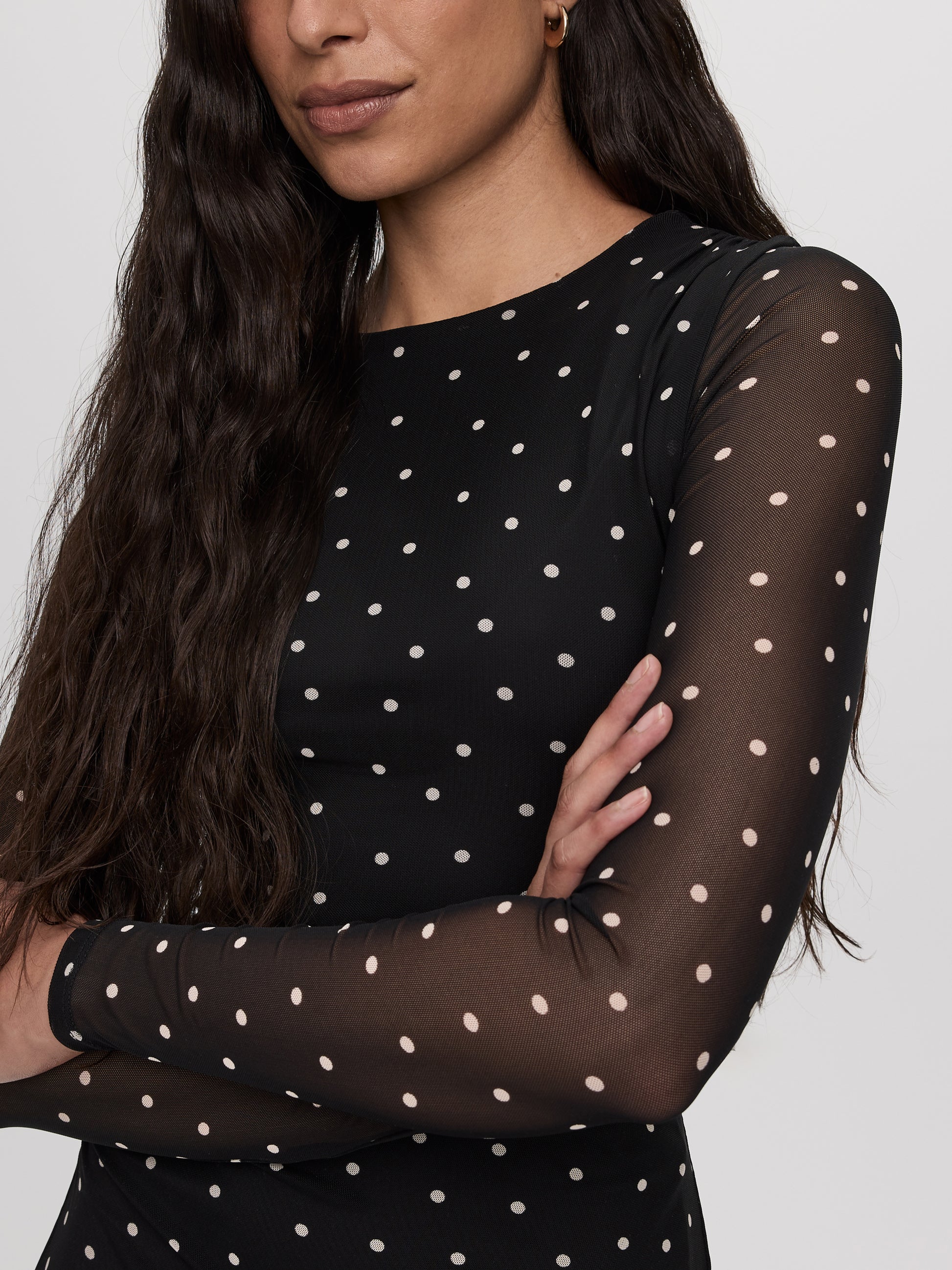 Long-Sleeve Mesh Midi Dress with Side Shirrings