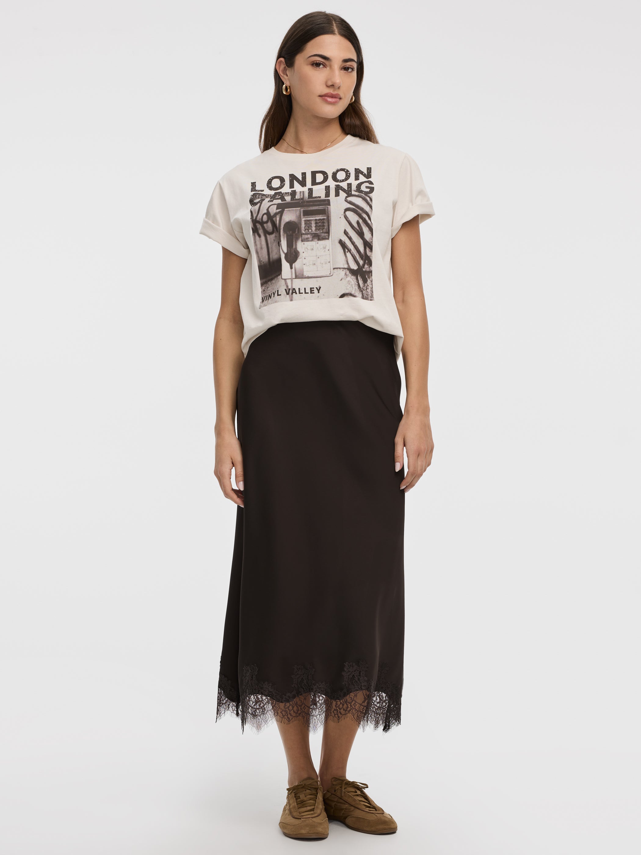 Satin A-Line Midi Skirt with Lace Trim