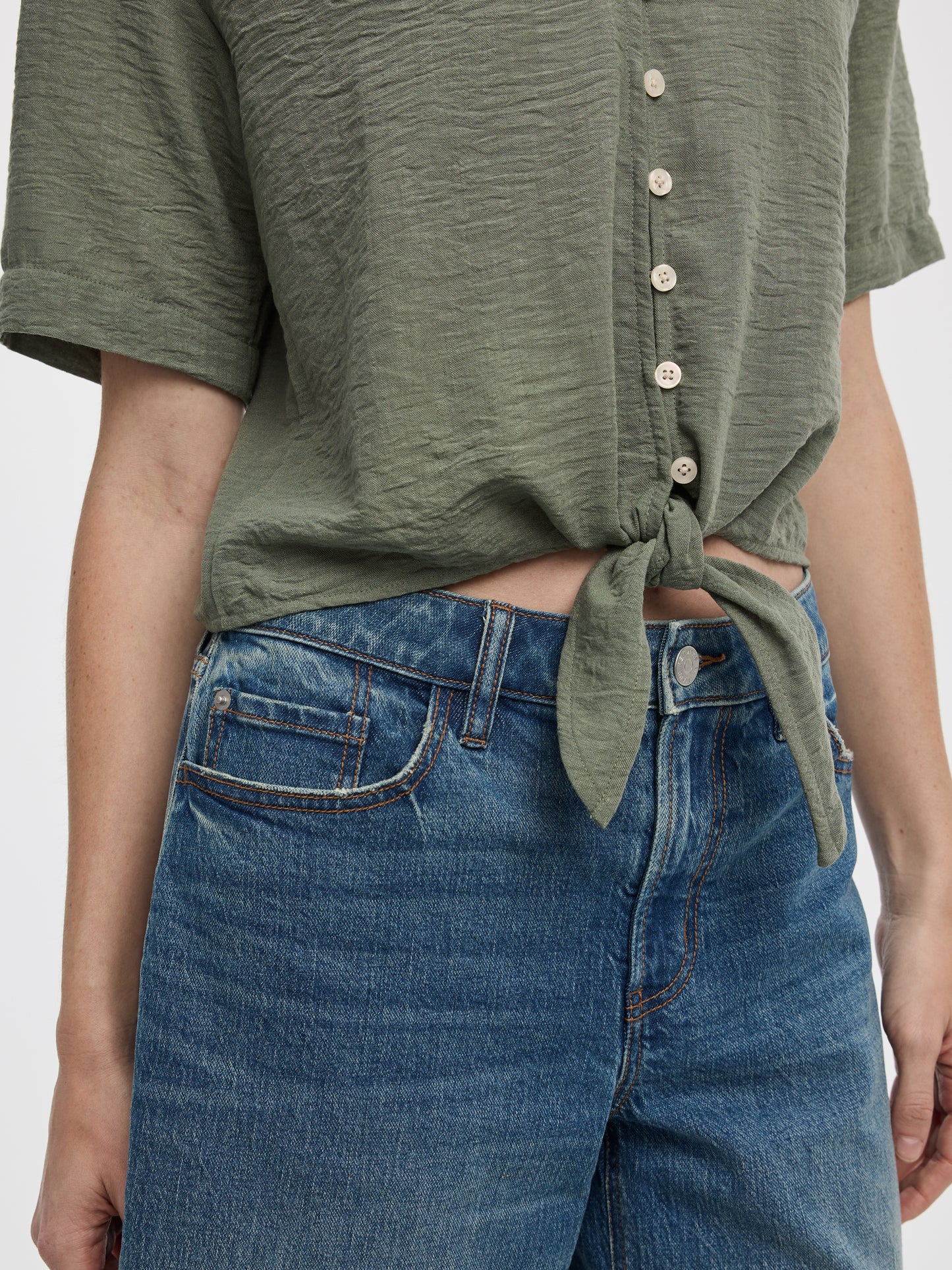 Short-Sleeve V-Neck Blouse with Self-Tie Closure