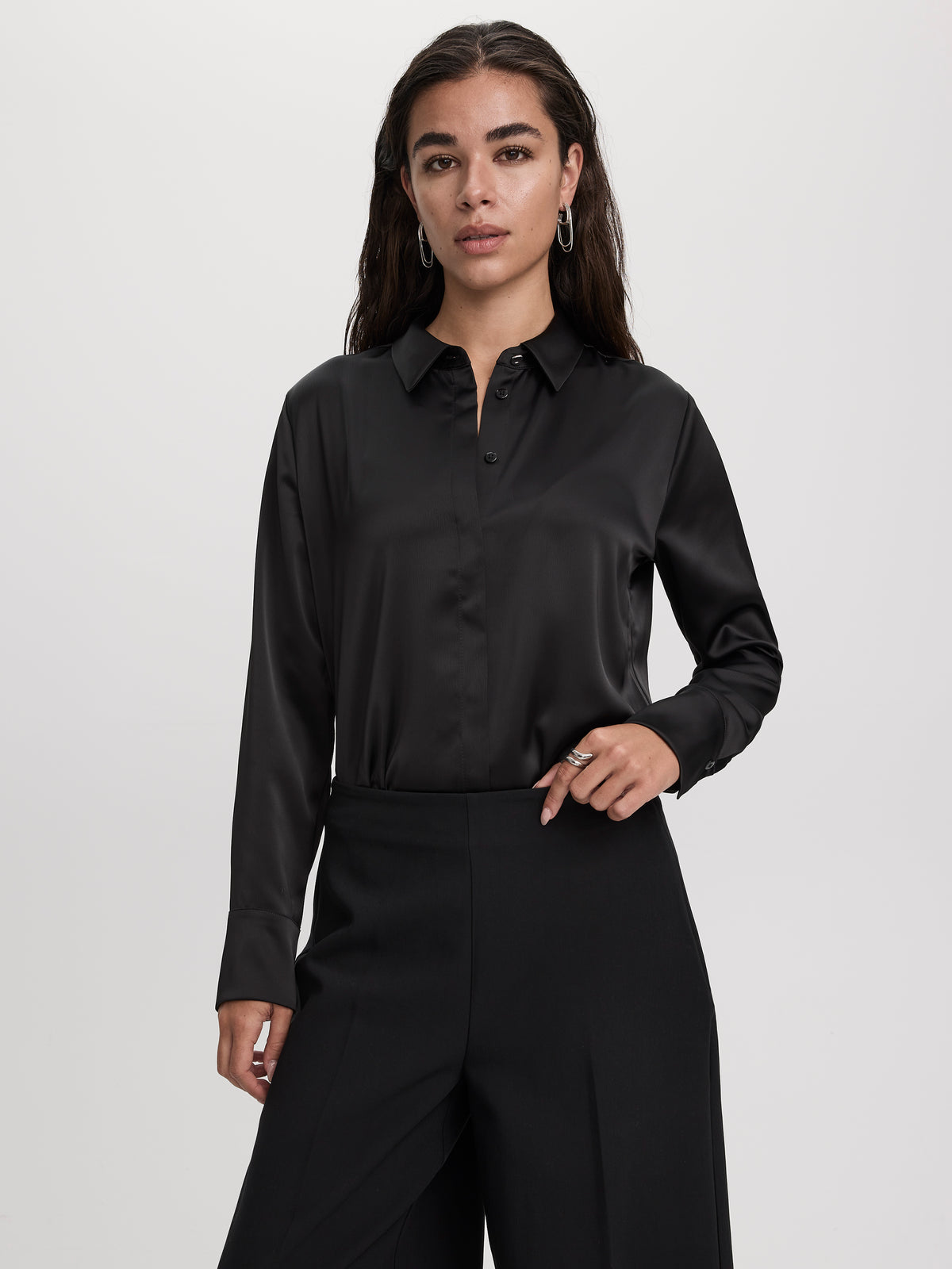 Long-Sleeve Loose Satin Blouse