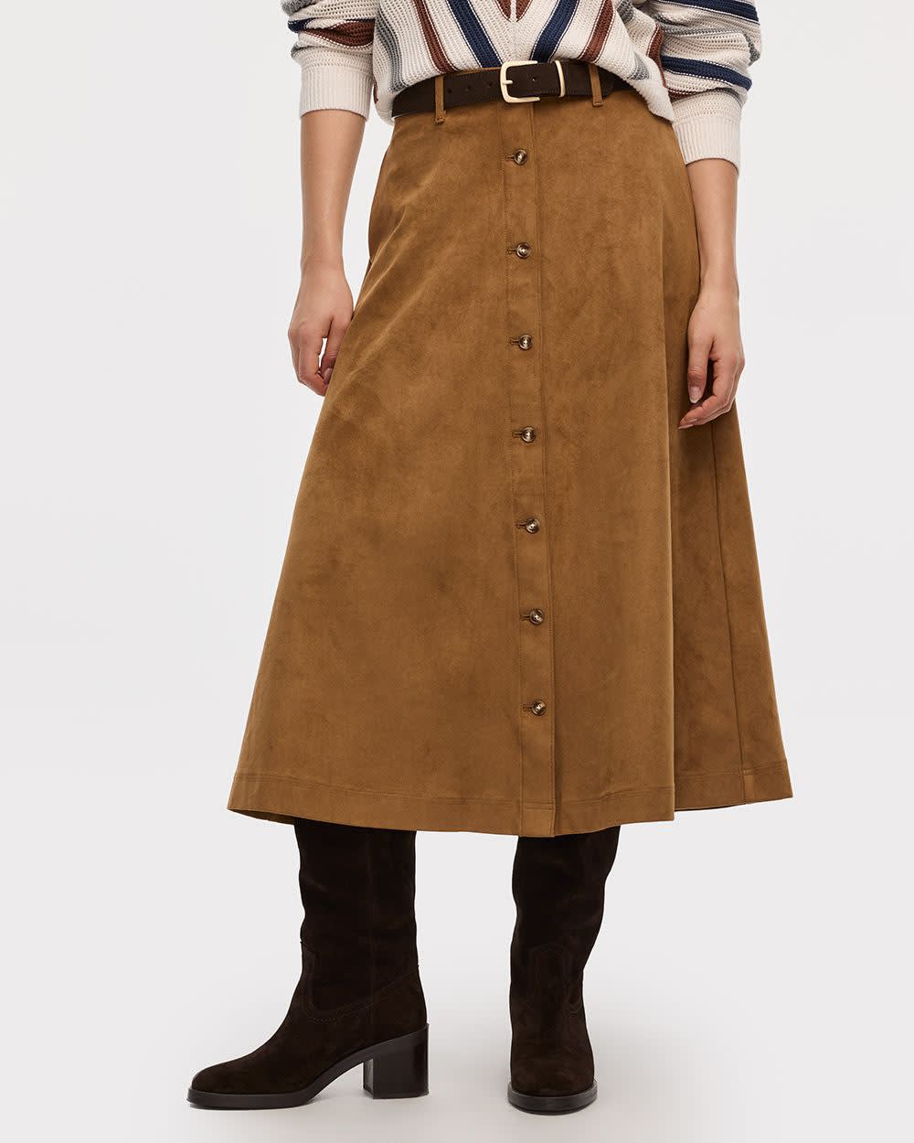 Faux-Suede A-Line Midi Skirt with Buttons