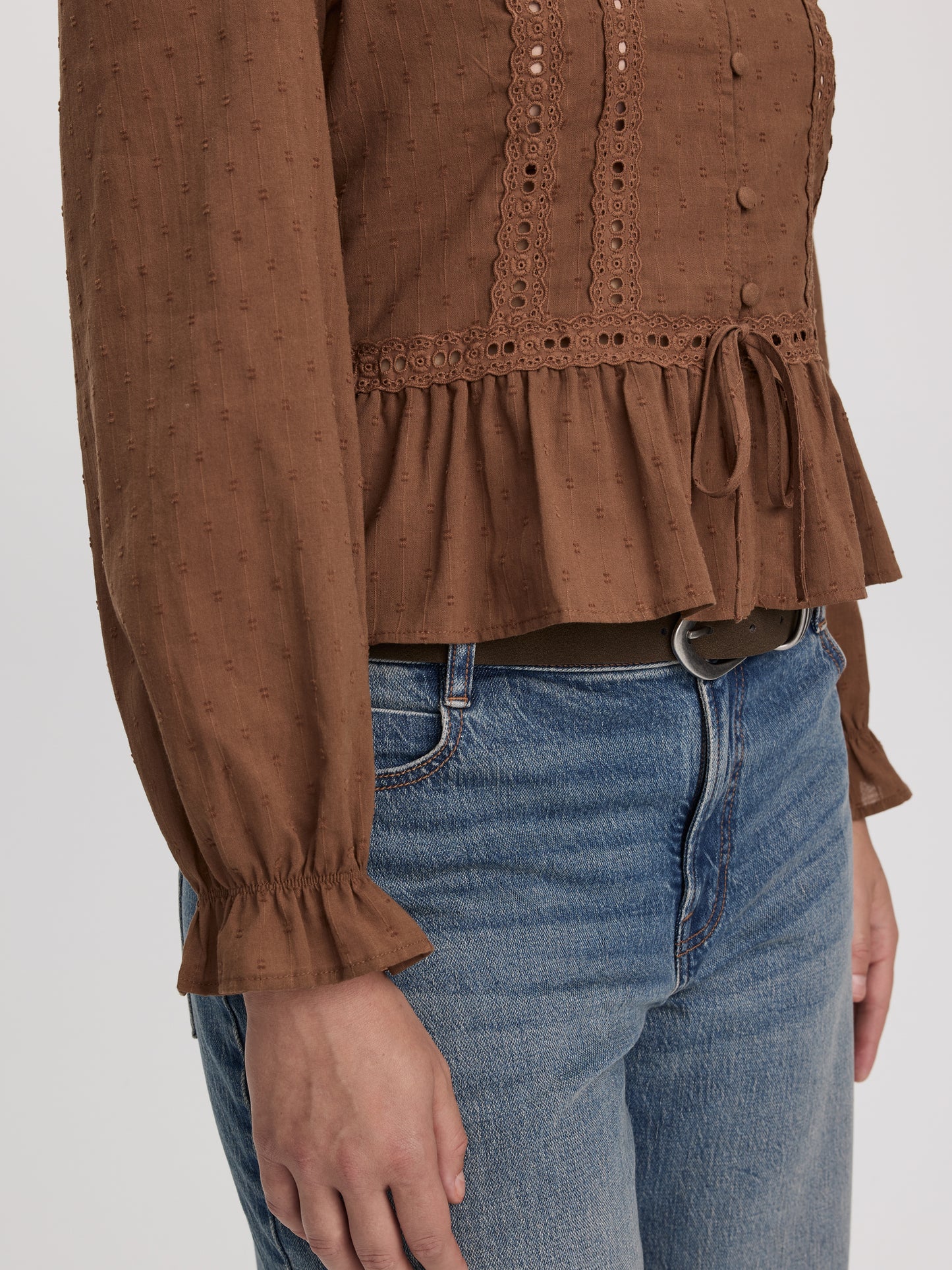 Long-Sleeve V-Neck Blouse with Lace Trims