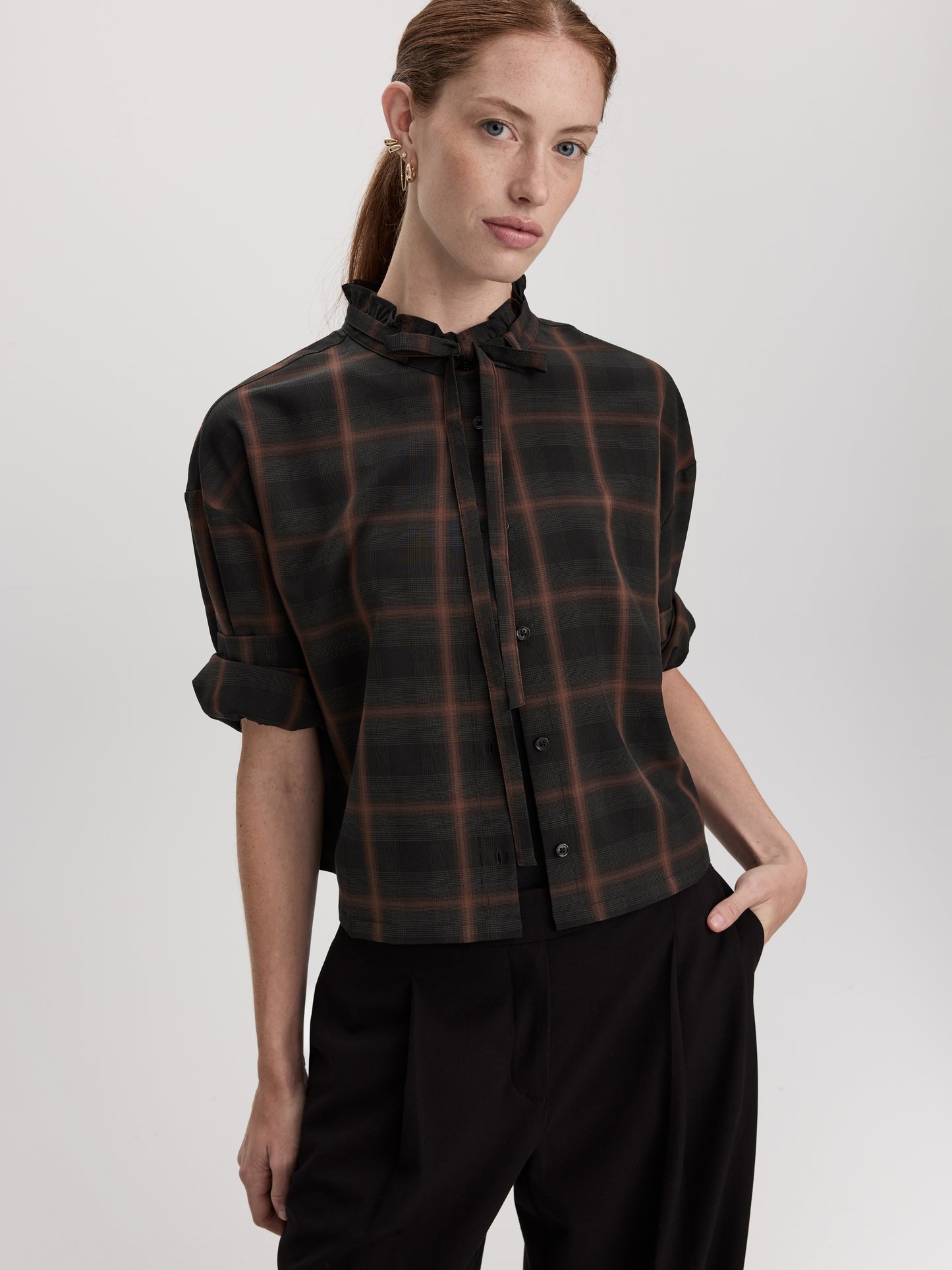 Long-Sleeve Blouse with Mock Neckline with Ruffles
