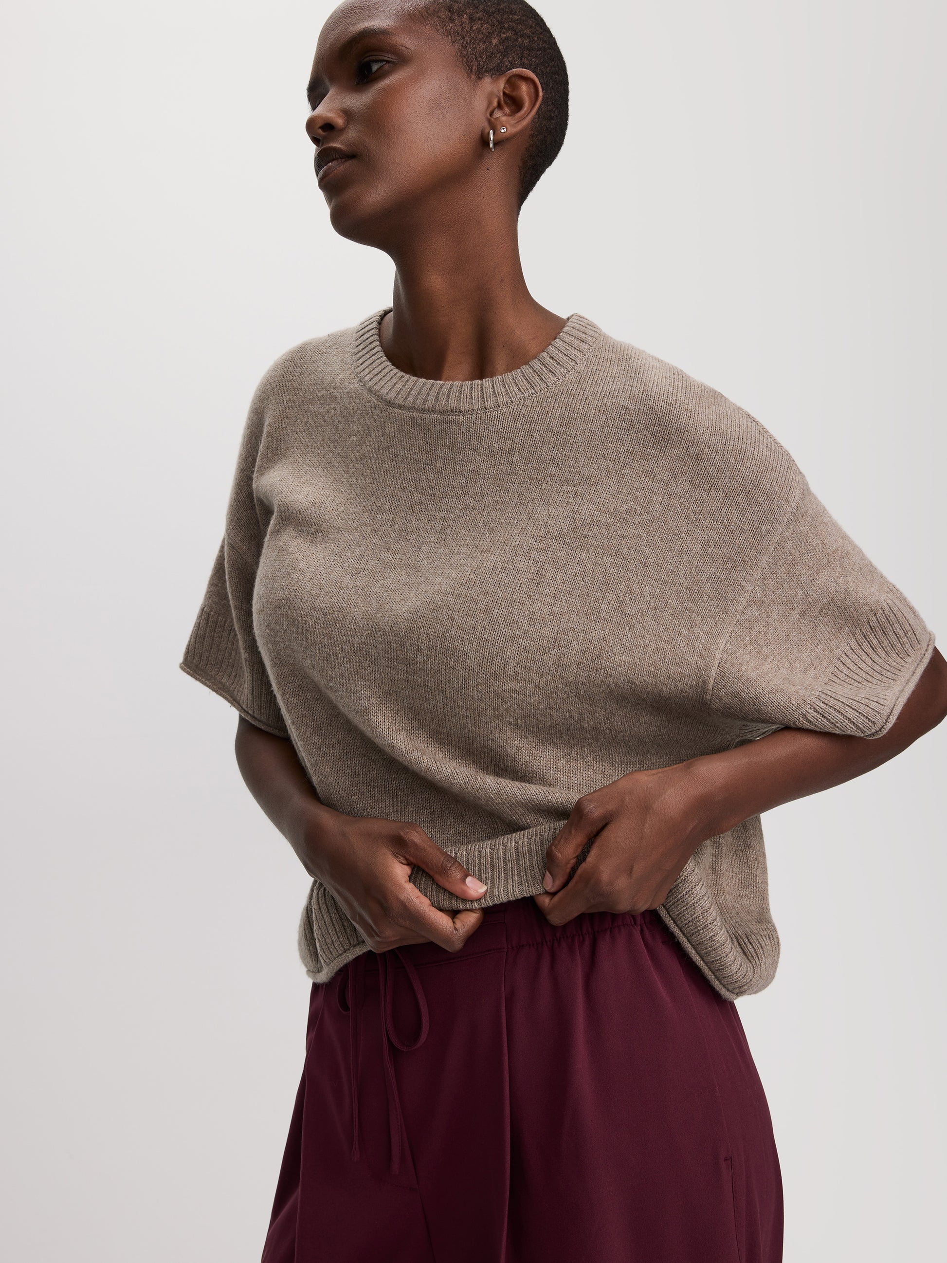 Cashmere-Blend Short-Sleeve Crew-Neck Loose Sweater