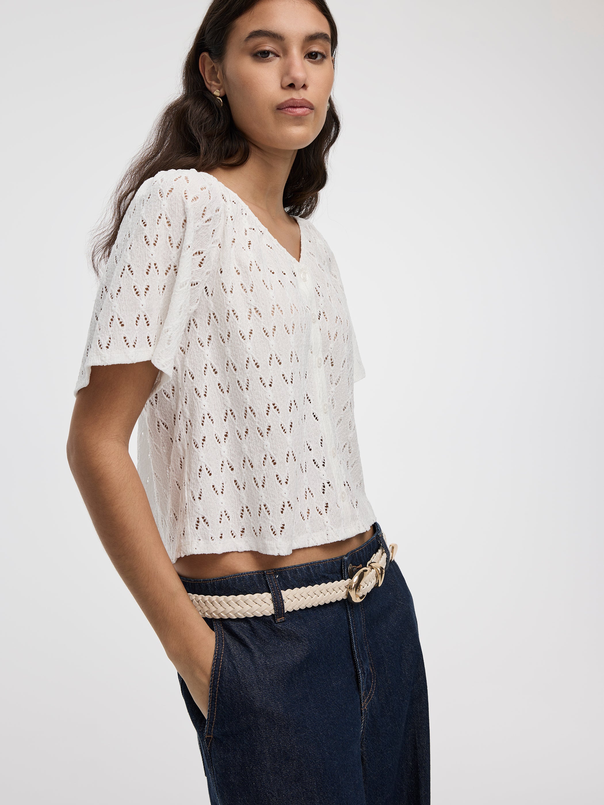 Short-Flutter-Sleeve V-Neck Buttoned-Down Blouse