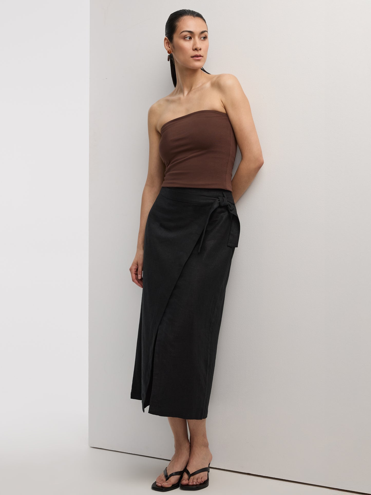 Linen-Blend Wrap Maxi Skirt