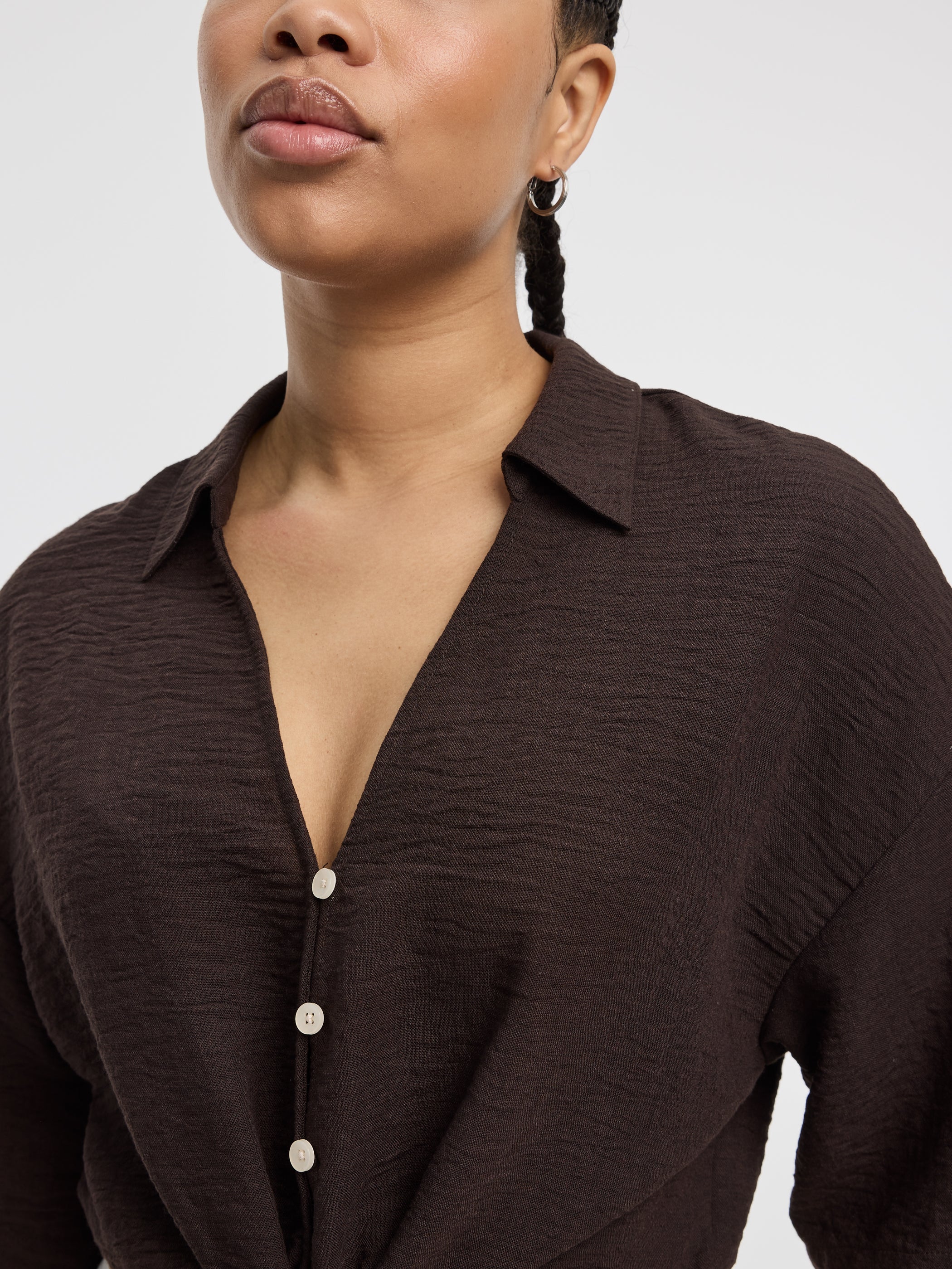 Short-Sleeve V-Neck Blouse with Self-Tie Closure