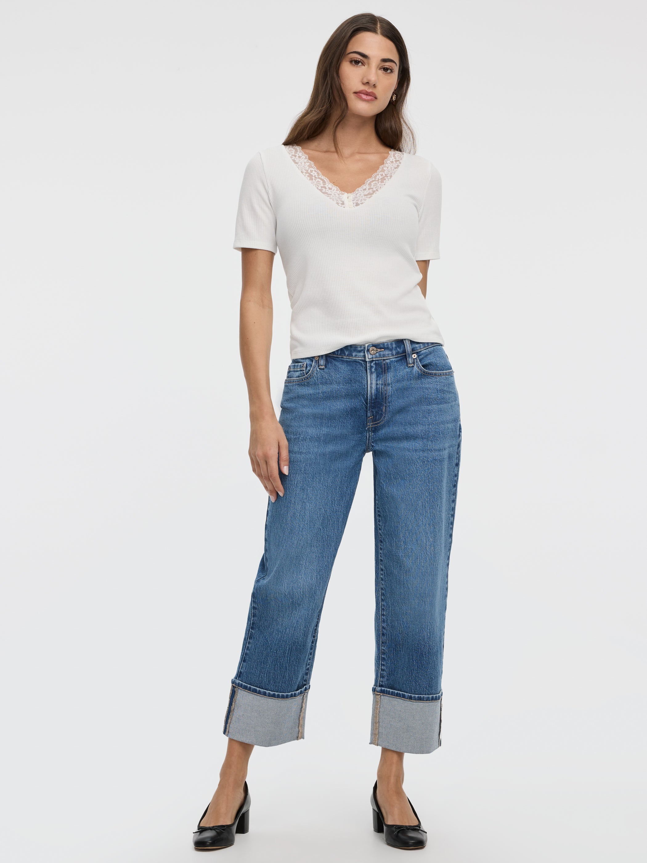 Women's High-Rise Cropped Straight-Leg Jeans with Rolled Cuffs