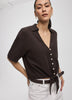 Short-Sleeve V-Neck Blouse with Self-Tie Closure