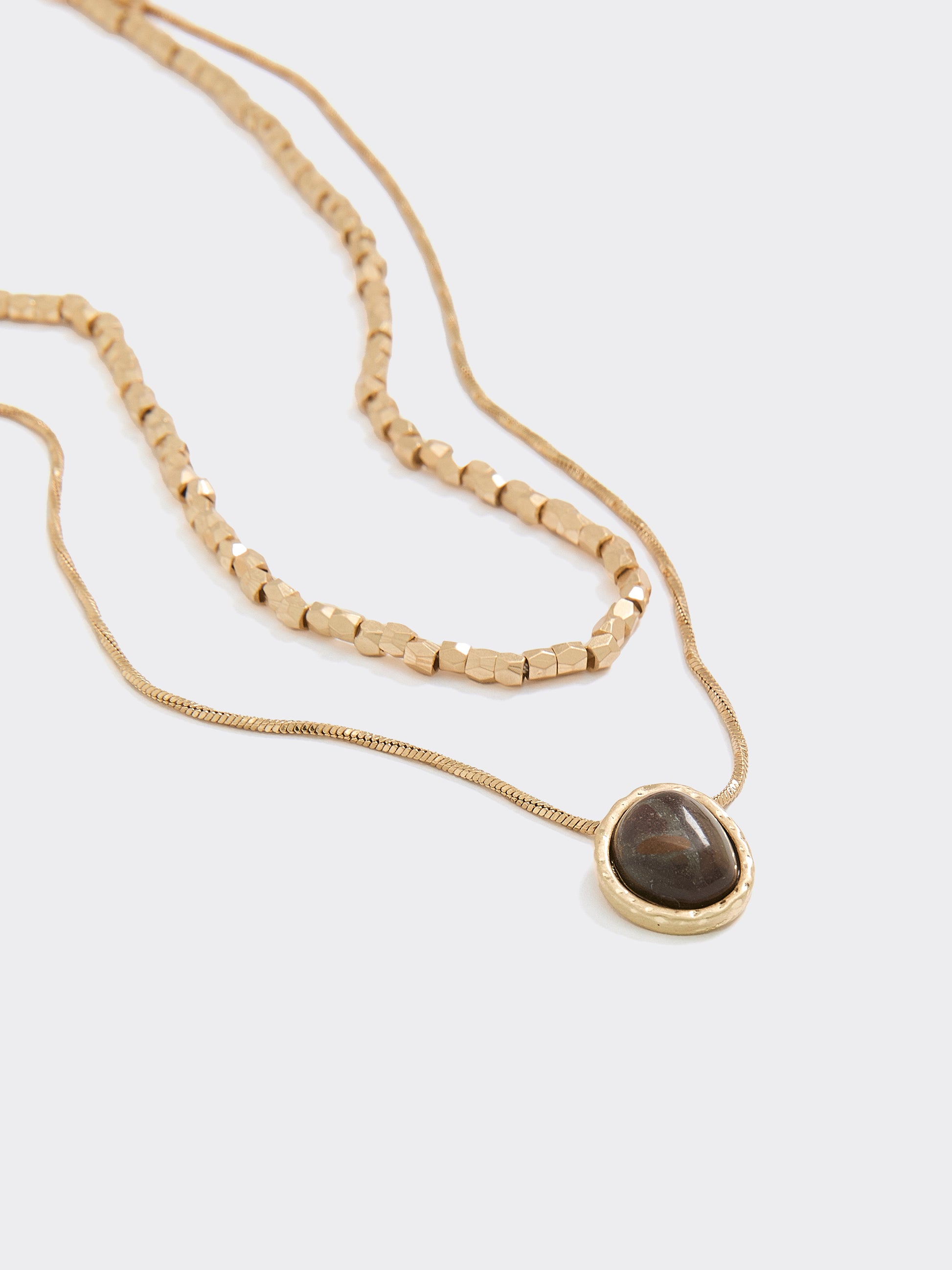 Double-Chain Short Necklace with Tiger-Eye Pendant