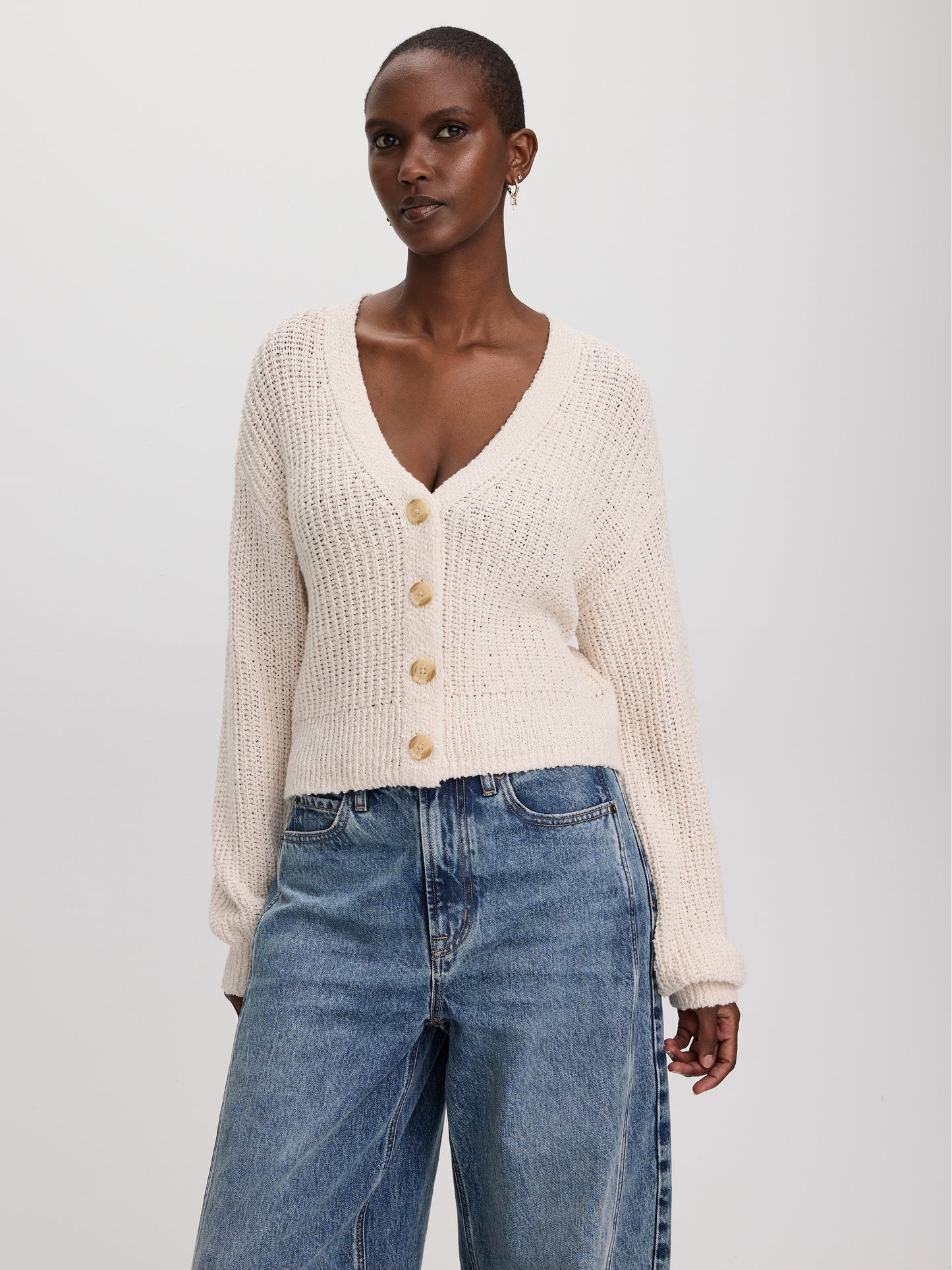 Long-Balloon-Sleeve V-Neck Cardigan