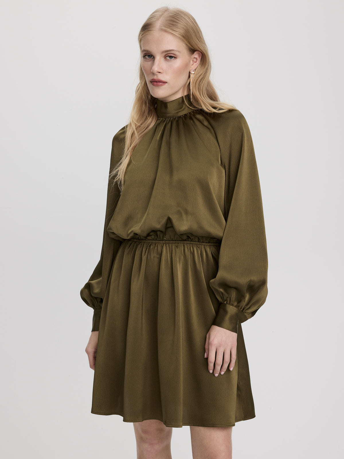 Satin Mock-Neck Mini Dress with Self-Tie Bow